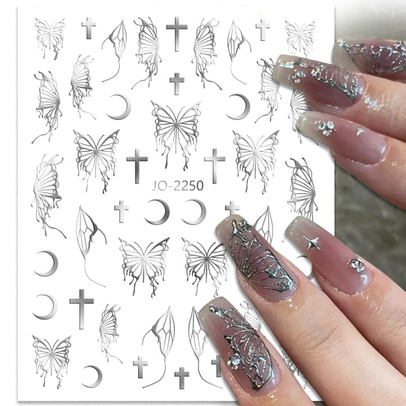 3D Silver Hollow Butterfly Moon Cross Nail Stickers - Elegant Nail Art Decals for Women (JO 2250 #03) - Perfect for Parties, Weddings, and Special Occasions