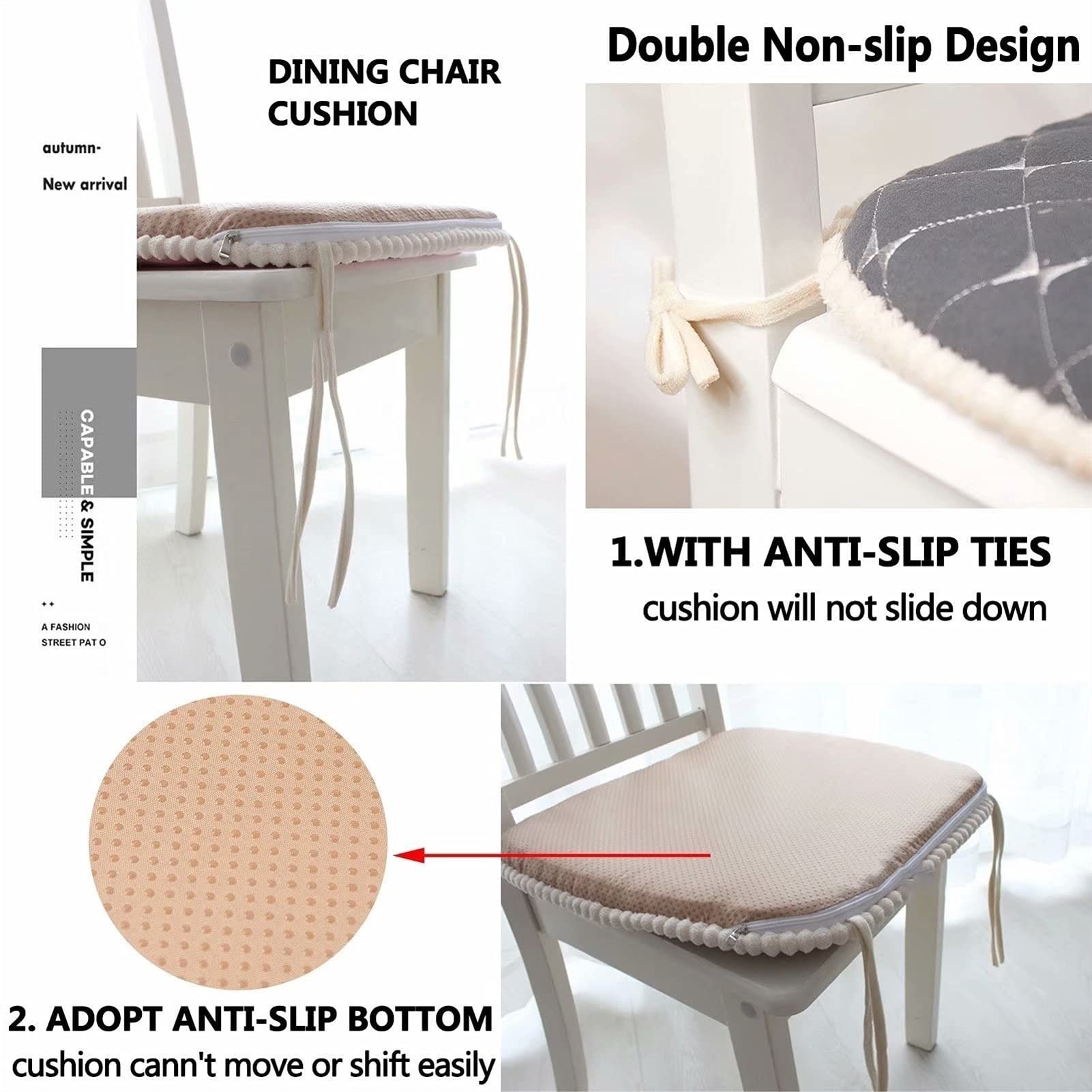18x18 Inch Non-Slip Kitchen Chair Cushions with Ties - Comfortable Dining Room Seat Pads for Kitchen Chairs, Breathable Grid Design for All Seasons (Gray) - Perfect for Home, Office, Restaurant and Outdoor Use