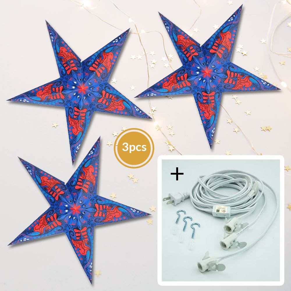 3 Pack Blue Oriental Swan LED Paper Star Lanterns - 24