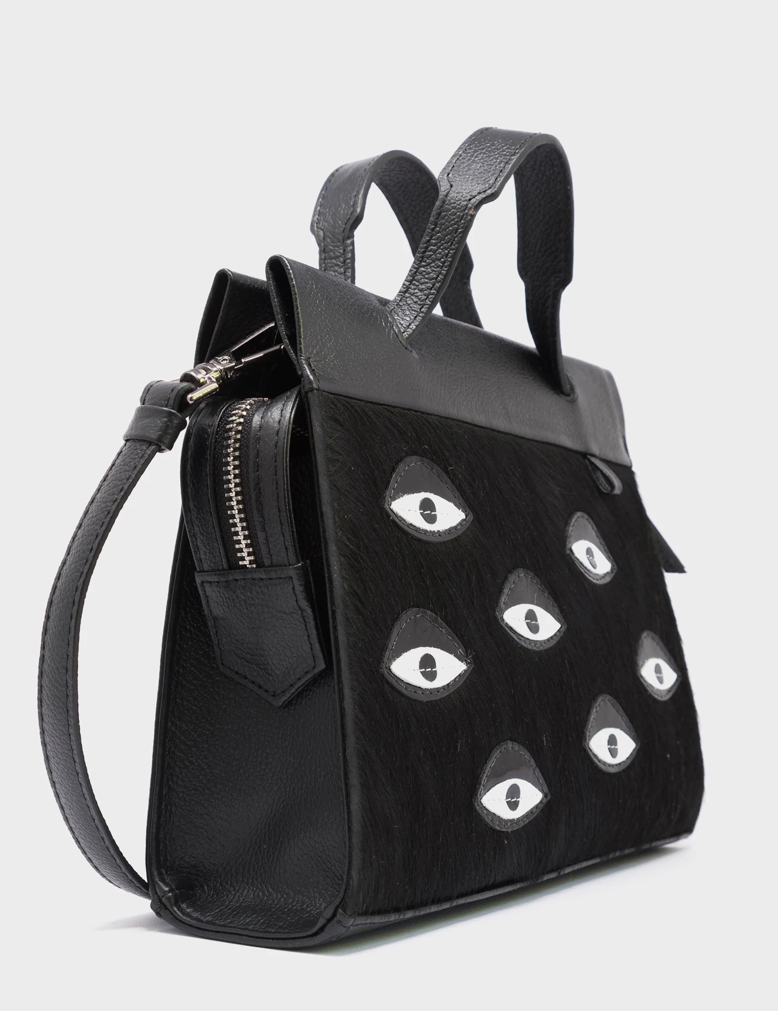 Vali Crossbody Small Black Leather Bag with Eyes Applique & Adjustable Handle - Perfect for Everyday Use, Travel, and Casual Outings