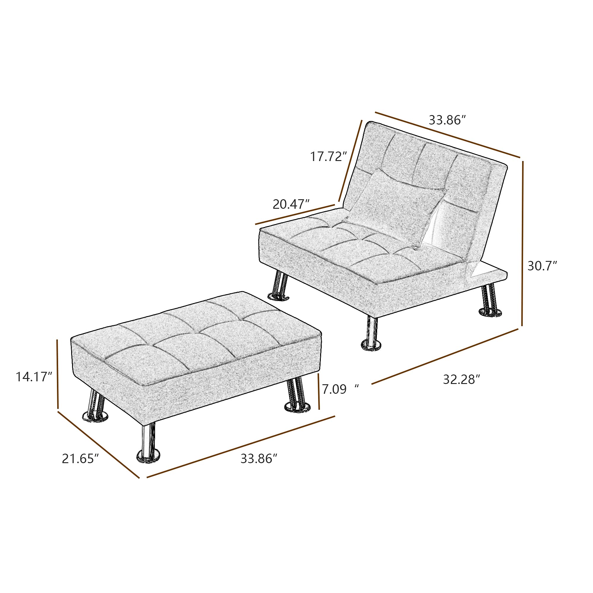 Modern Fabric Single Sofa Bed with Ottoman - Convertible Folding Futon Chair & Lounge Chair Set with Sturdy Metal Legs for Small Spaces, Guest Room & Apartment Living