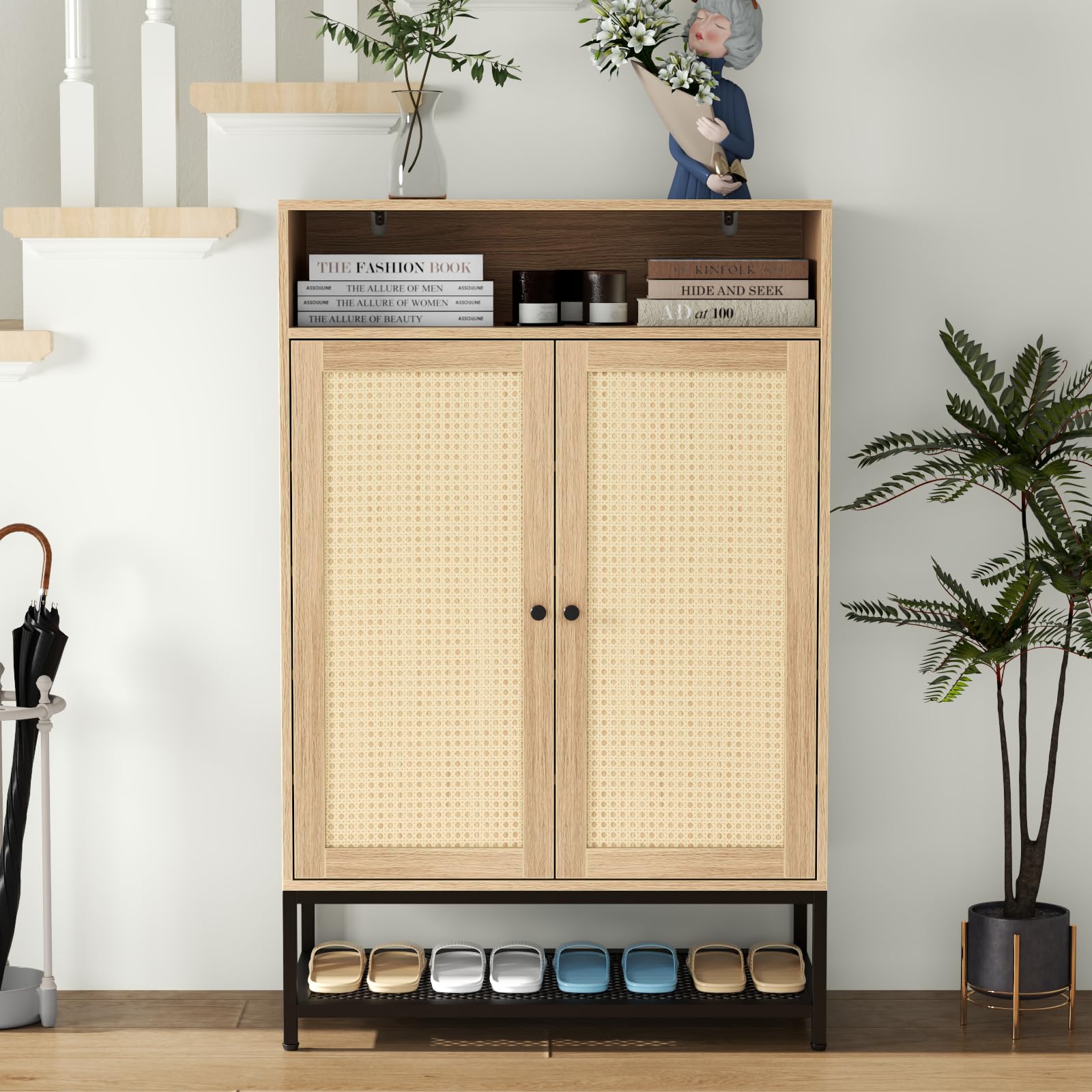 7-Tier Rattan Shoe Cabinet with Adjustable Shelves - Entryway Shoe Storage Organizer for 20 Pairs - Natural Woven Shoe Rack for Hallway, Closet & Living Room - Perfect for Small Space Organization & Home Décor