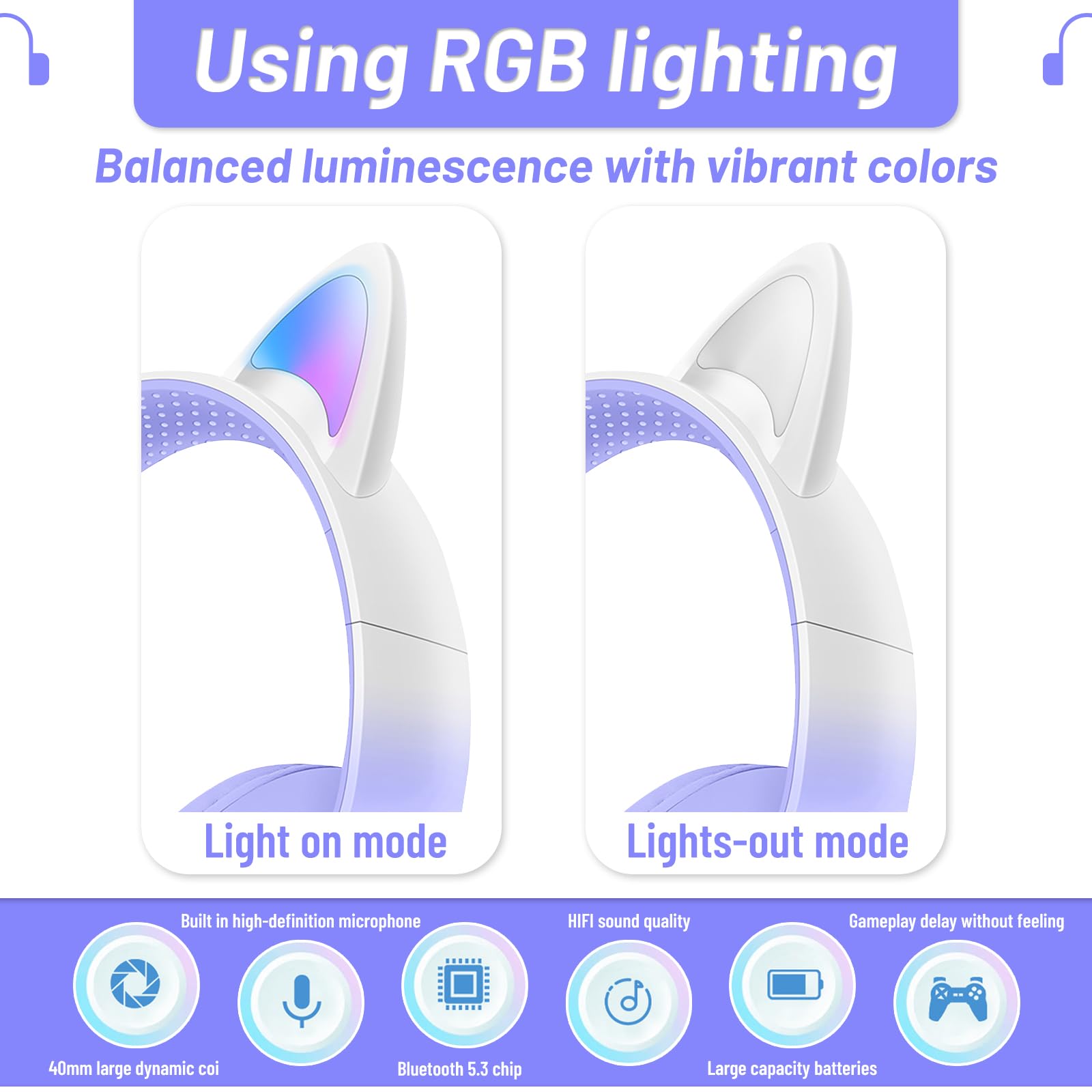 **Kids Bluetooth Noise Cancelling Headphones with LED Cat Ears - Foldable, Built-in Mic & TF Card Support - Wireless Headphones for iPad, Travel, School & Home Use**