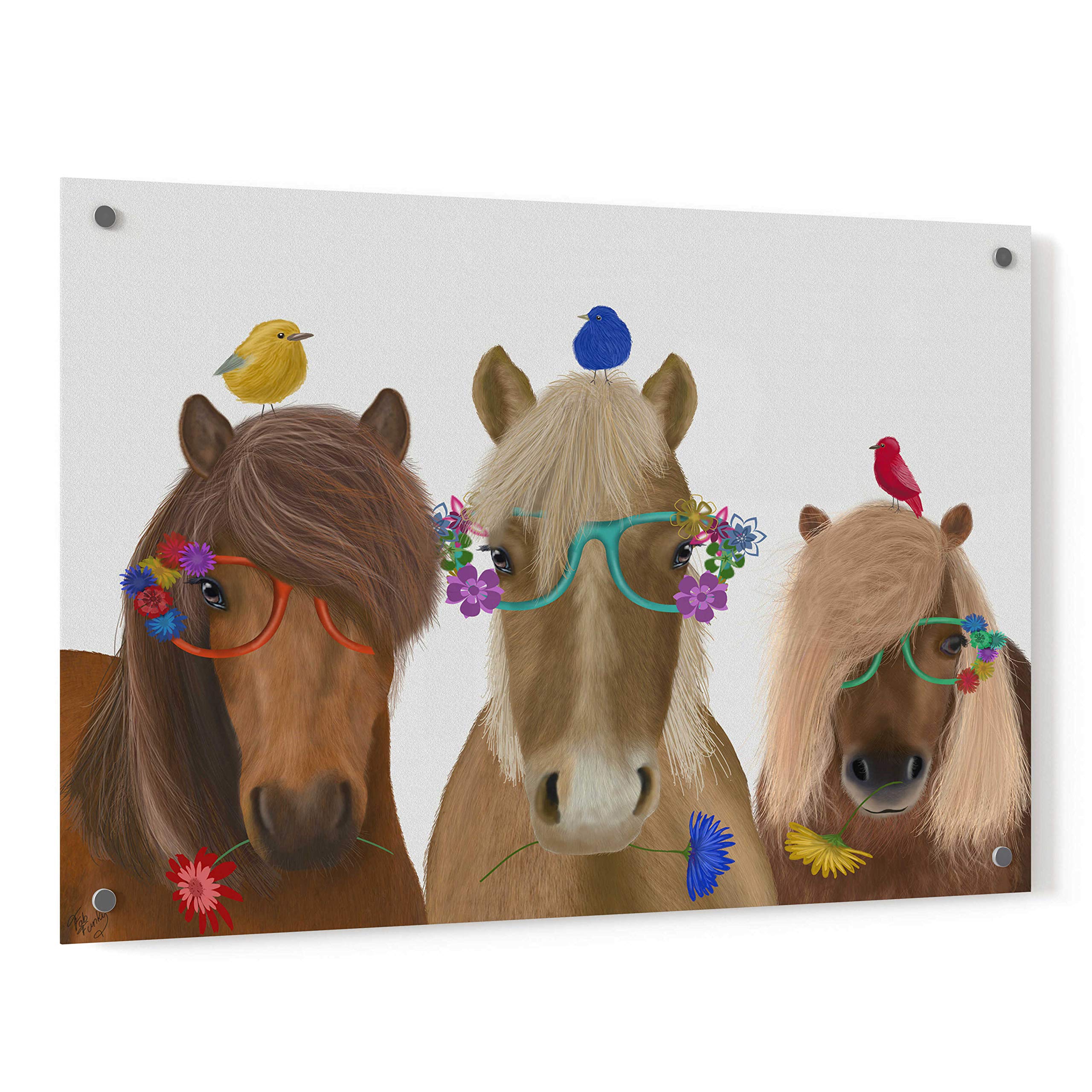 Fab Funky 'Horse Trio with Flower Glasses' Acrylic Glass Wall Art - 36x24 Inches Modern Home Decor for Living Room, Bedroom & Office