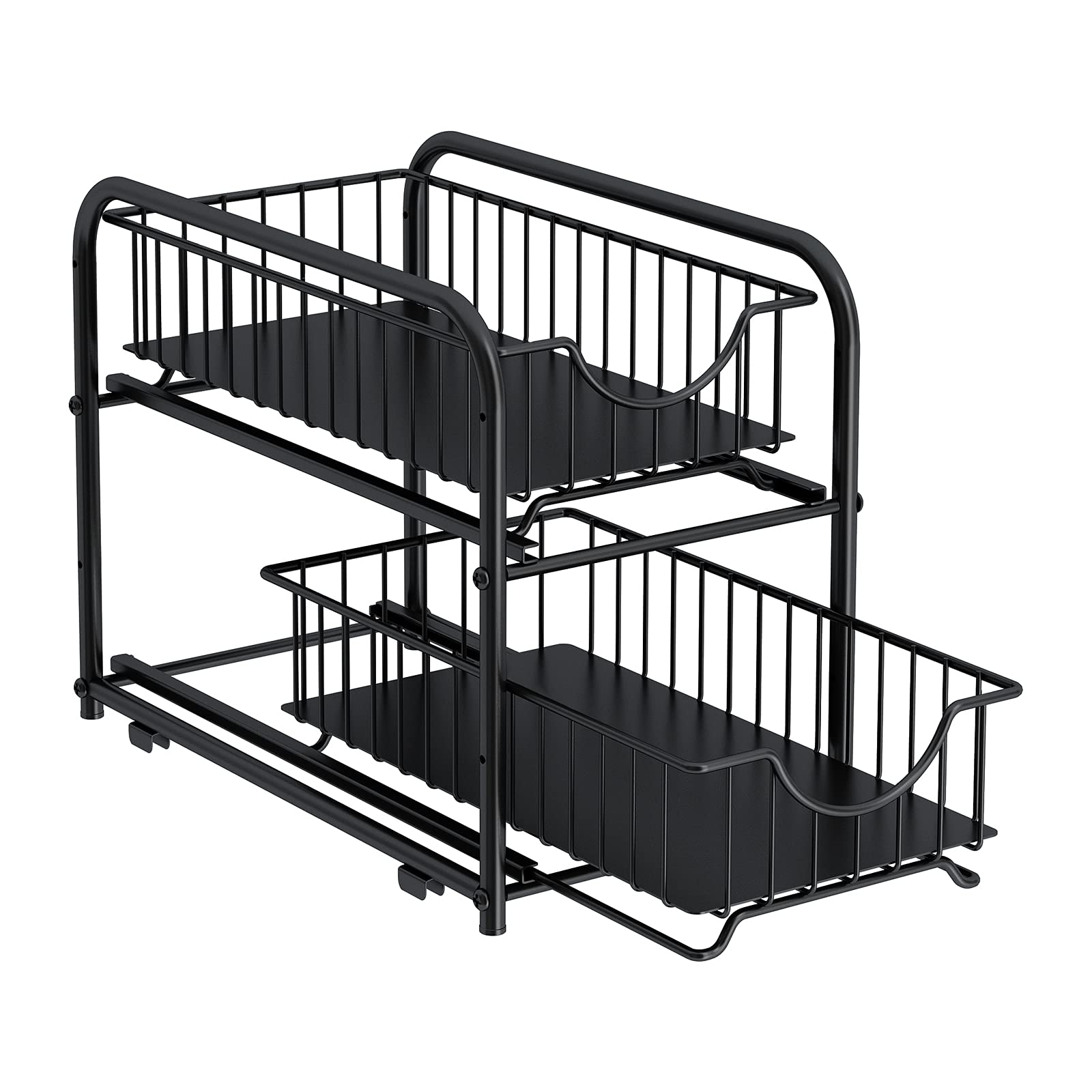 AIYAKA 2-Tier Pull-Out Cabinet Organizer with Sliding Drawer - Stackable Under Sink Storage Rack for Kitchen, Bathroom, Pantry & Office - Space Saving Solution for Small Spaces (Black) - Perfect for Organizing Cleaning Supplies, Cosmetics & Office Essentials