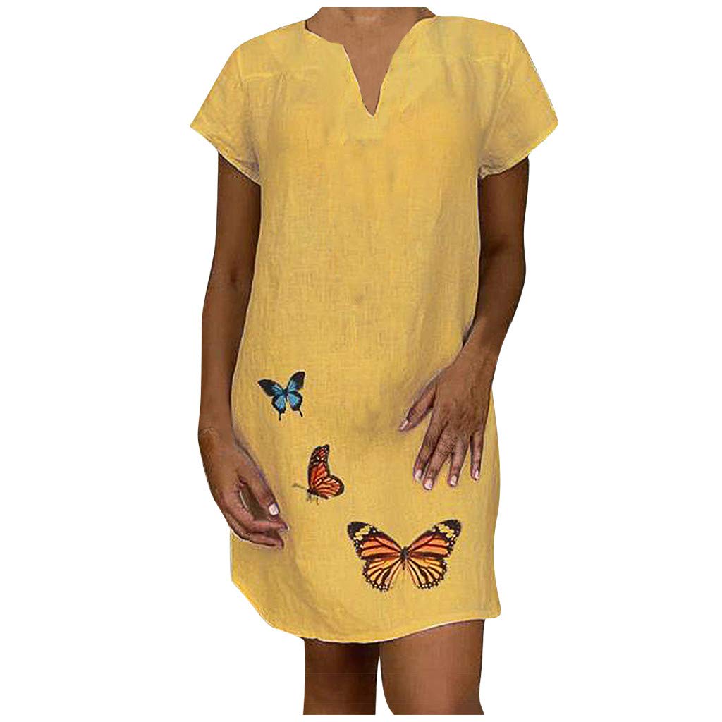 SHOPESSA Women's Cotton Linen Shift Midi Dress - Short Sleeve Casual Boho Dress with Butterfly Print | Perfect for Summer Outfits, Beach Vacations & Boho Chic Style