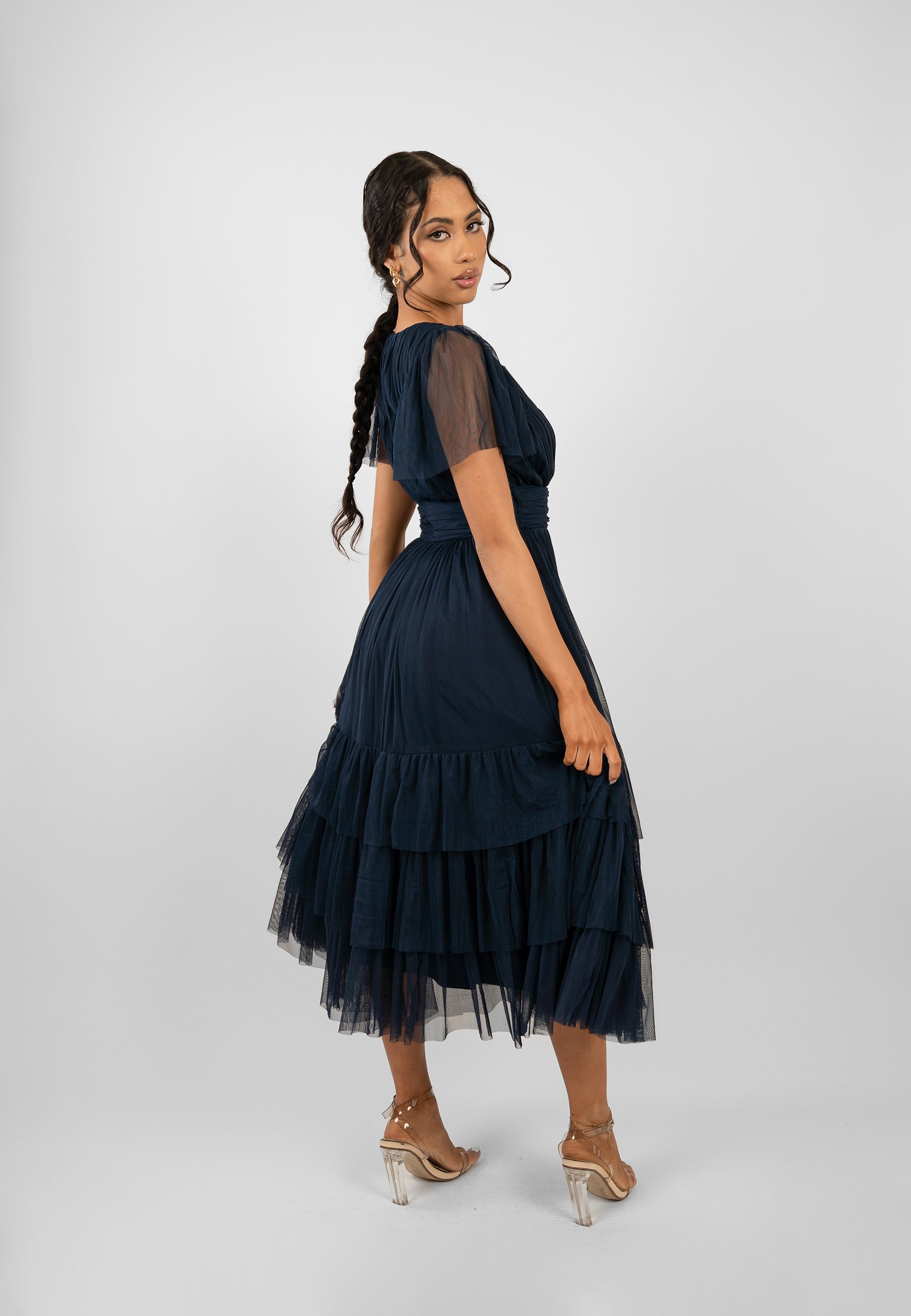 Madison Navy Blue Tulle Bridesmaid Midi Dress - Elegant Formal Wedding Party Gown for Bridesmaids, Evening Events & Special Occasions