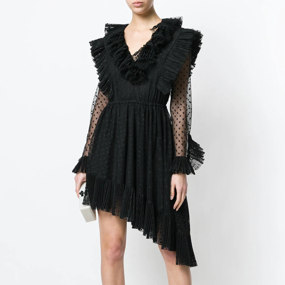 Women's Asymmetrical Mini Dress - V Neck Long Sleeve High Waist Solid Patchwork Slim Dress for Summer | Casual Wear, Date Night, Party Outfit