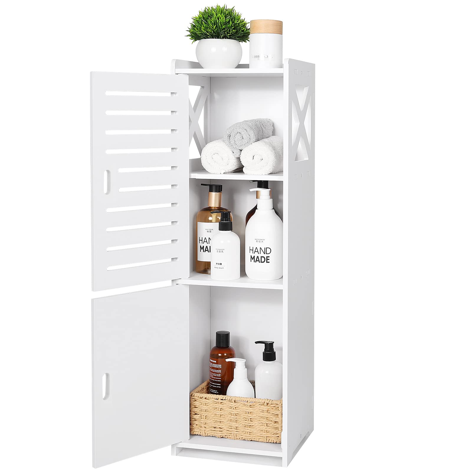 Freestanding 3-Tier Bathroom Storage Cabinet with Double Doors - Waterproof Organizer for Bathroom, Bedroom & Office - White (9.45