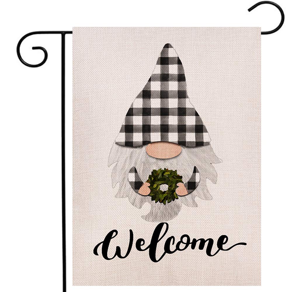 Double-Sided Buffalo Check Plaid Gnomes Garden Flag 12.5 x 18 Inch - Farmhouse Outdoor Decor for Porch, Yard & Seasonal Welcome Sign - Summer Magnolia Wreath & Burlap Design