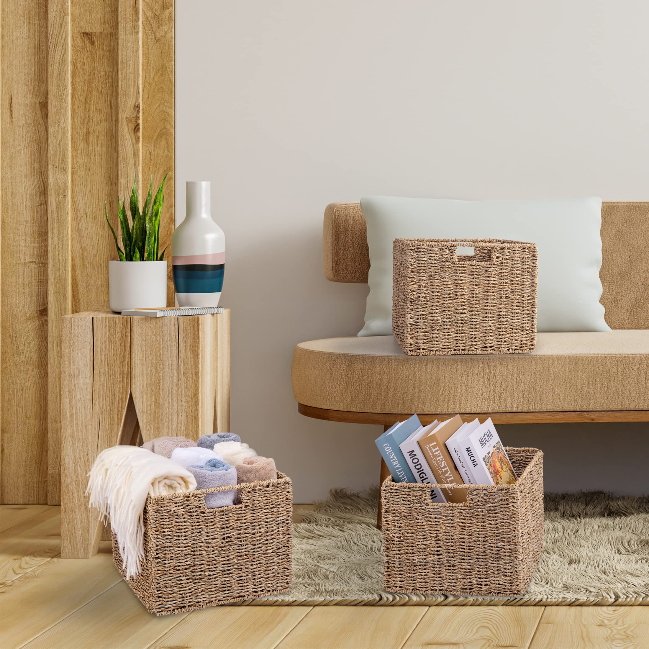 Seagrass Storage Baskets Set of 3 - 12x12x10 Inch Woven Cube Bins for Home Organization | Perfect for Pantry, Kitchen, Bathroom & Shelf Storage | Natural Fiber Decorative Baskets for Clutter-Free Living Spaces