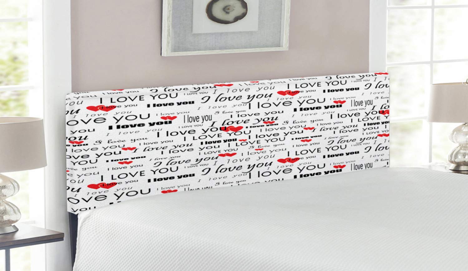 Ambesonne Romantic Upholstered Headboard with Memory Foam - Queen Size Bed Frame in Vermilion, Black & White | I Love You Hearts Design for Couples Bedroom Decor | Perfect for Valentine's Day, Anniversary Gifts & Master Bedroom Makeover
