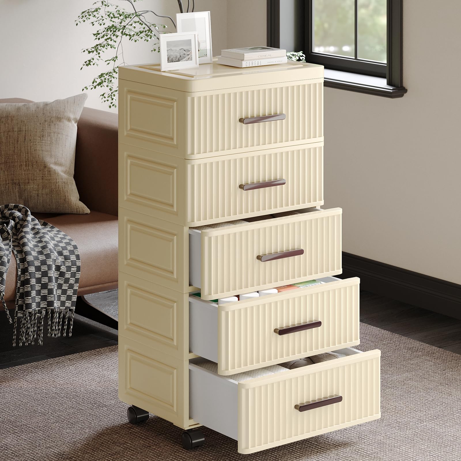 5-Tier Plastic Drawer Storage Organizer with Wheels - 14