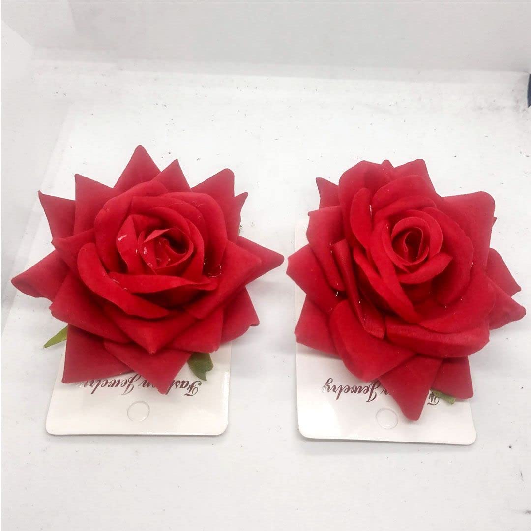 Women's Hair Clips Set of 2 - Rose Flower Hair Accessories with Bun Maker for Girls & Women | Perfect for Weddings, Parties & Daily Styling (Red)