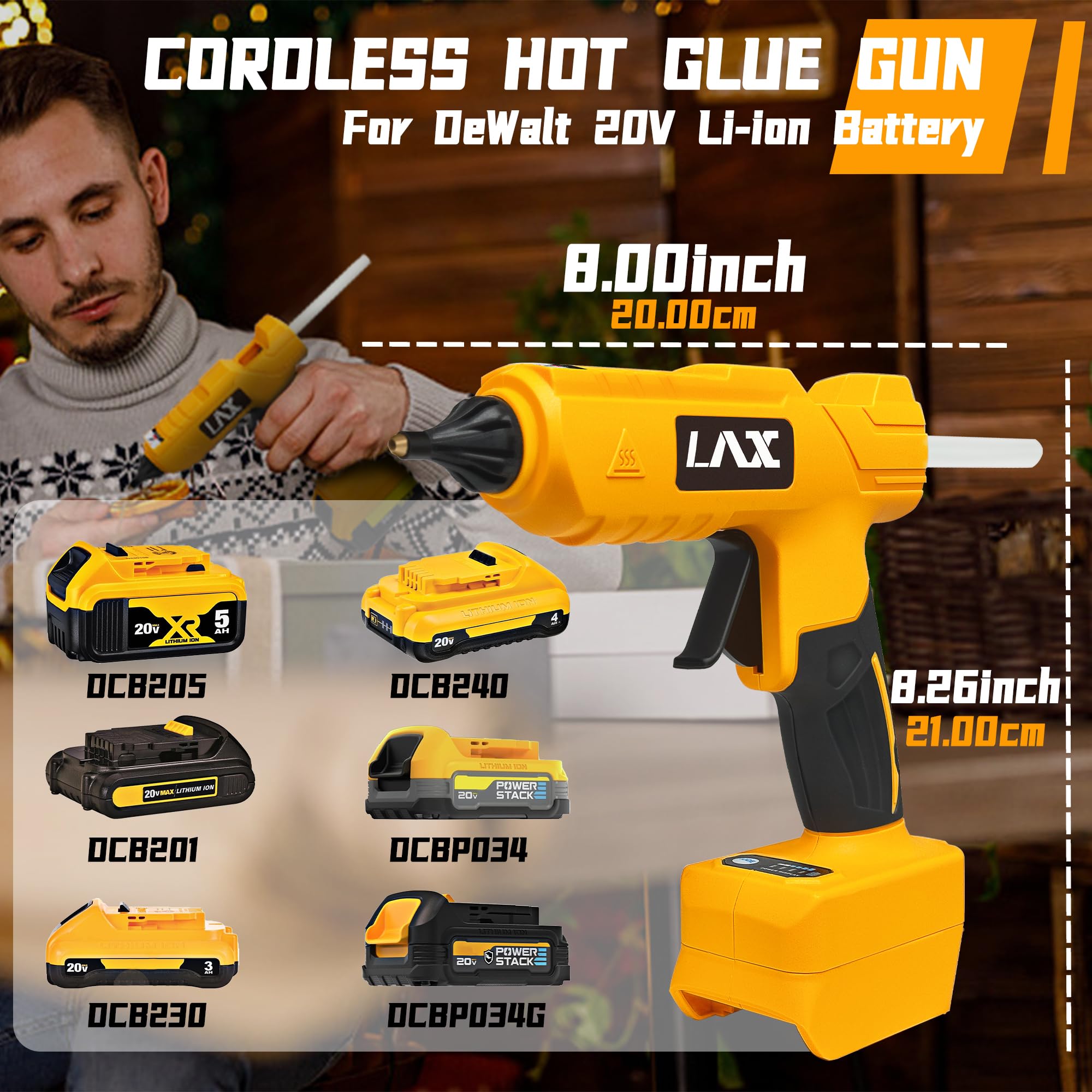 **20V Cordless Hot Glue Gun for Dewalt Battery - 100W Fast Heating Mini Glue Gun Kit with 20 Glue Sticks - Perfect for DIY Crafts, Home Repairs & Quick Fixes (Battery Not Included)**    *(Use Cases: Ideal for crafting, woodworking, home repairs, holiday decorations, school projects, and quick fixes on the go.)*