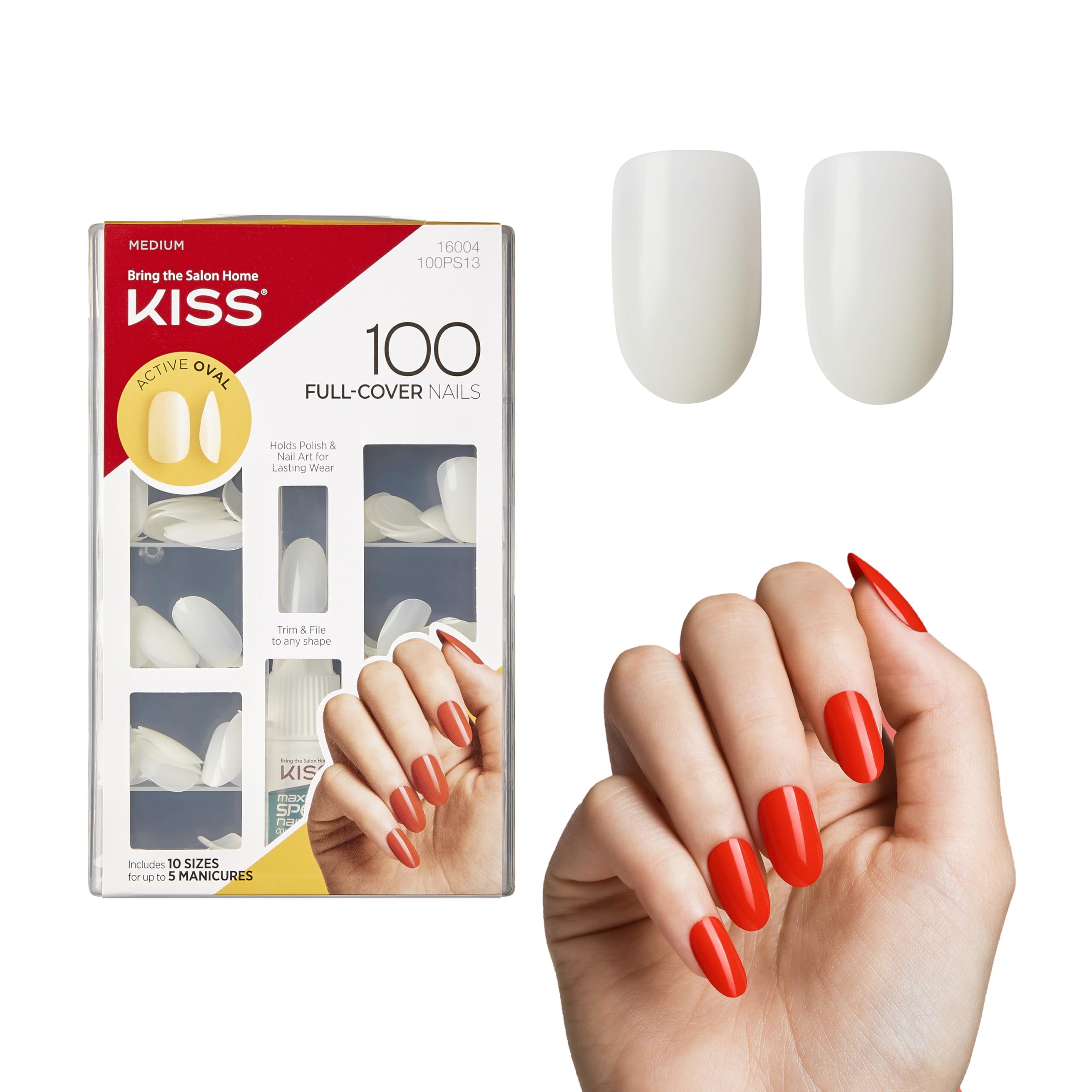 KISS 100 Full Cover Fake Nails Manicure Kit - Medium Length Active Oval False Nails (10 Sizes, 5 Manicures, 100 Pieces) for Women - Perfect for Parties, Weddings, and Daily Wear