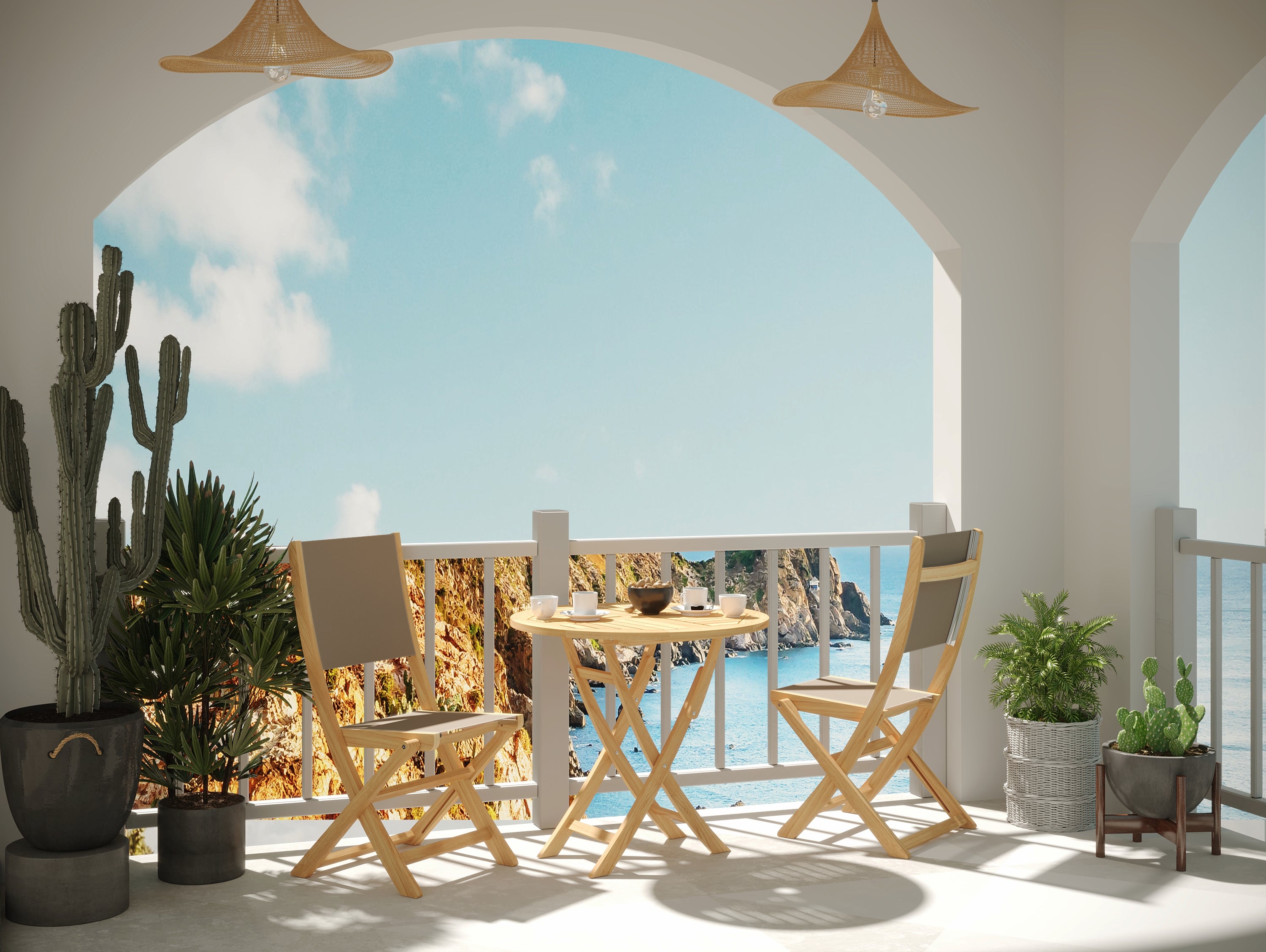 Premium 3-Piece Round Teak Outdoor Bistro Set - Folding Table & Chairs in Taupe | Patio, Garden, Balcony Dining Furniture for Small Spaces