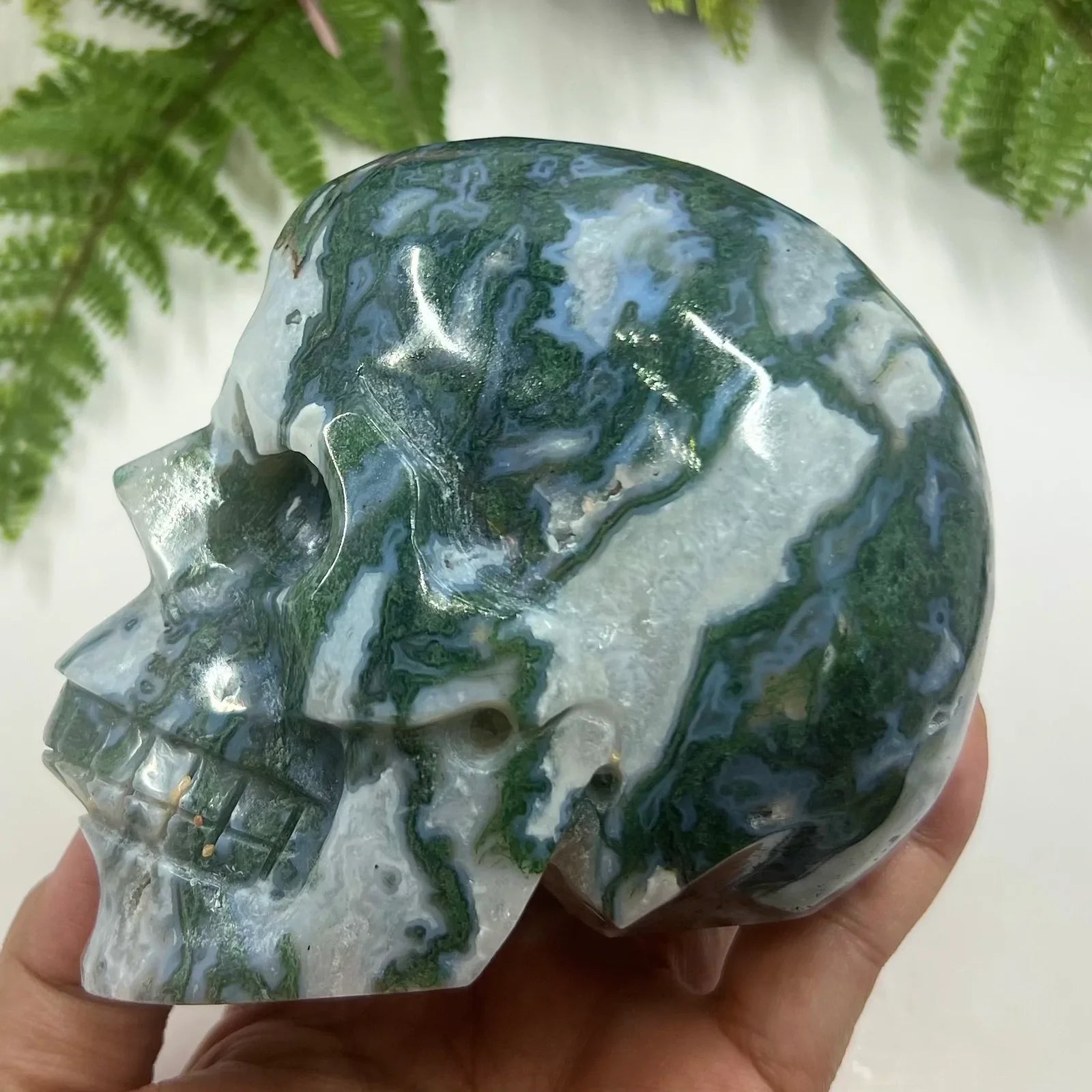 Natural Blue Chalcedony Agate Crystal Skull Carving - Handcrafted Healing Stone for Reiki, Meditation & Spiritual Decor | Unique Home Altar & Gift Idea