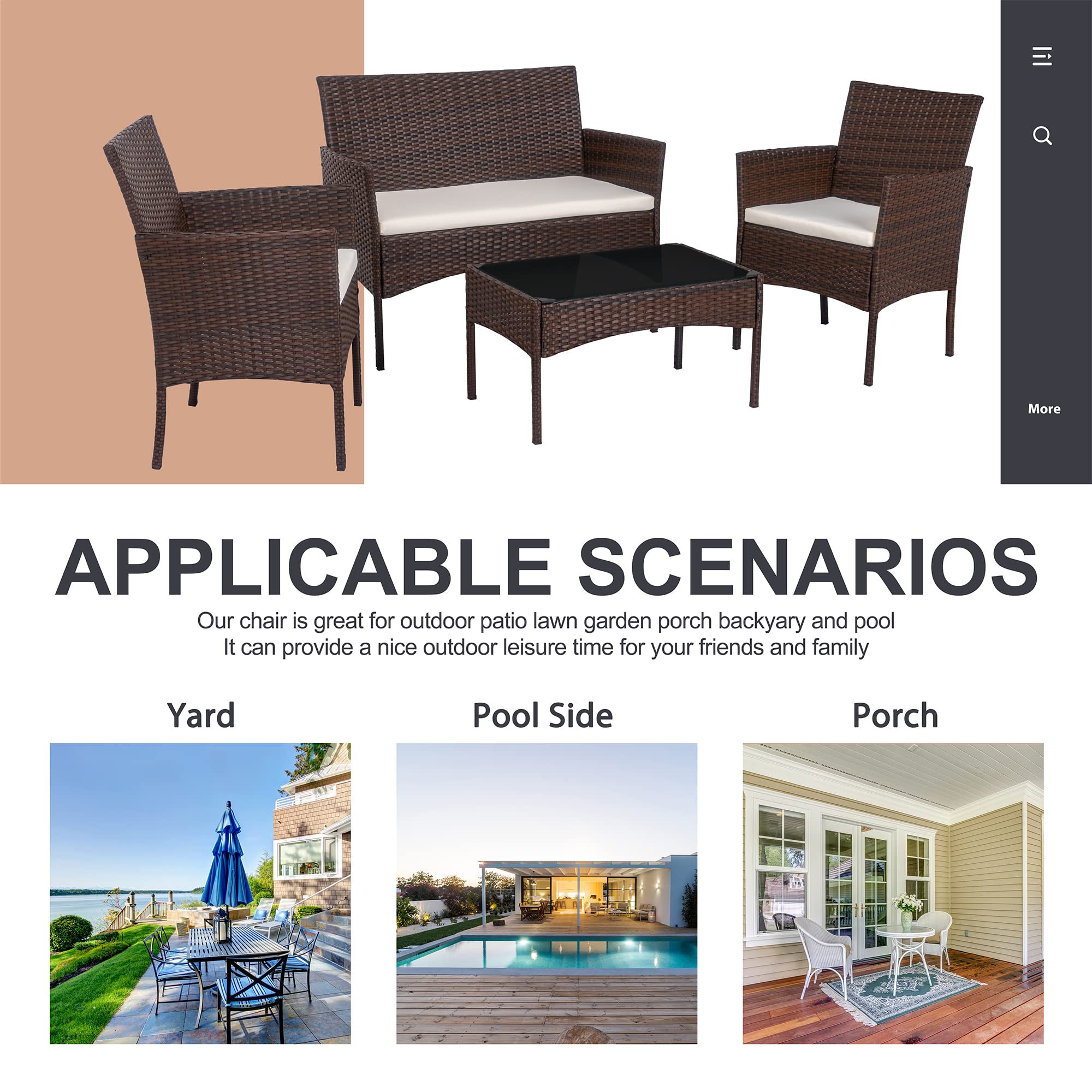 **SUNLEI 4-Piece Outdoor Patio Furniture Set - Rattan Wicker Conversation Set with Coffee Table, Brown & White - Perfect for Backyard, Porch, Garden, Poolside, Balcony, Indoor & Outdoor Use**