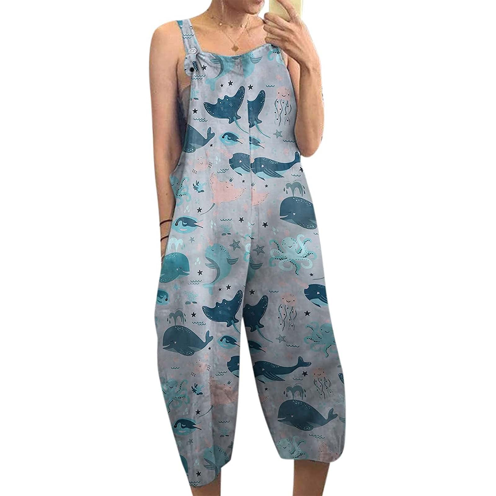 Women's Wide Leg Overalls - Boho Trendy Printed Sleeveless Jumpsuit with Pockets | Loose Baggy Romper for Casual Outings, Music Festivals & Summer Style