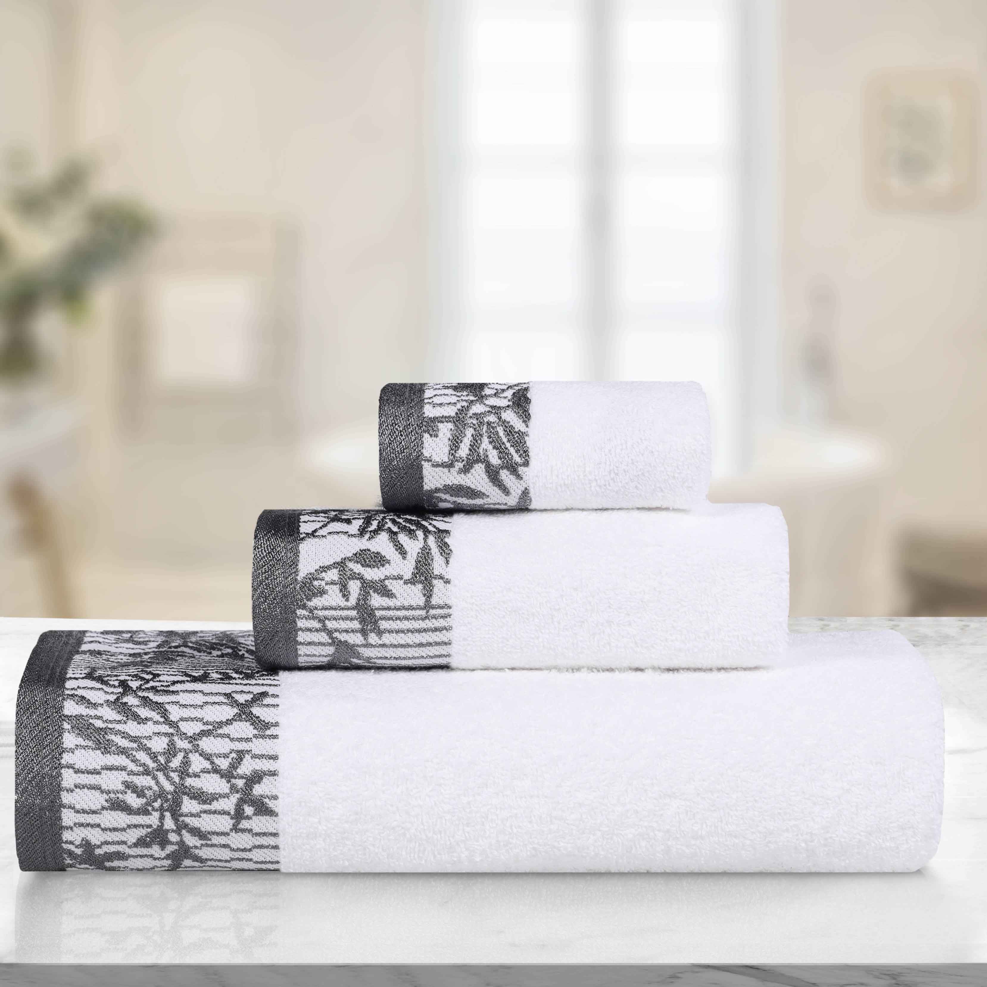 Wisteria Cotton Floral Embroidered Jacquard Border 3-Piece Bath Towel Set - Soft & Absorbent for Bathroom, Spa, and Guest Use