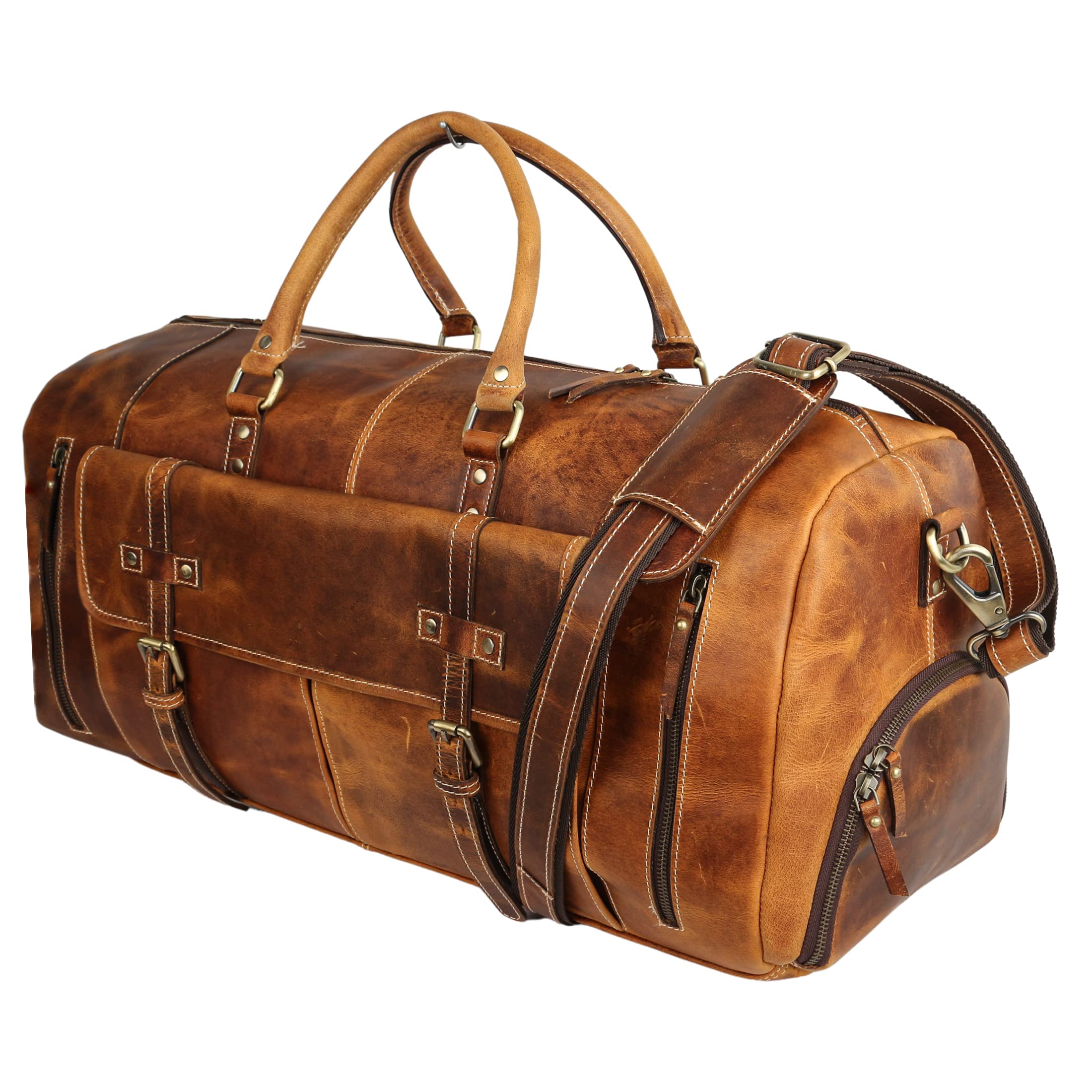Premium Full Grain Leather Duffel Bag for Men & Women - 24 Inch Tan Travel, Gym & Overnight Weekender Bag - Durable Carryall for Sports, Business Trips & Weekend Getaways