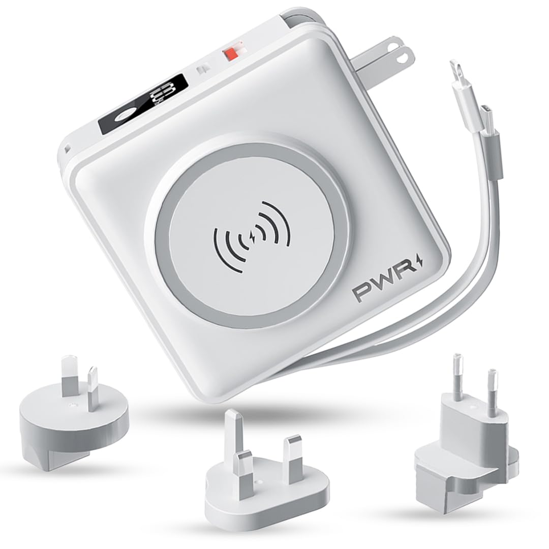 PWR Travel PRO 5-in-1 Power Bank with 10,000mAh Battery - 20W PD & 15W Wireless Fast Charging - Portable Charger for iPhone, Samsung, AirPods - Perfect for Travel, Camping & Emergency Power Backup (White)
