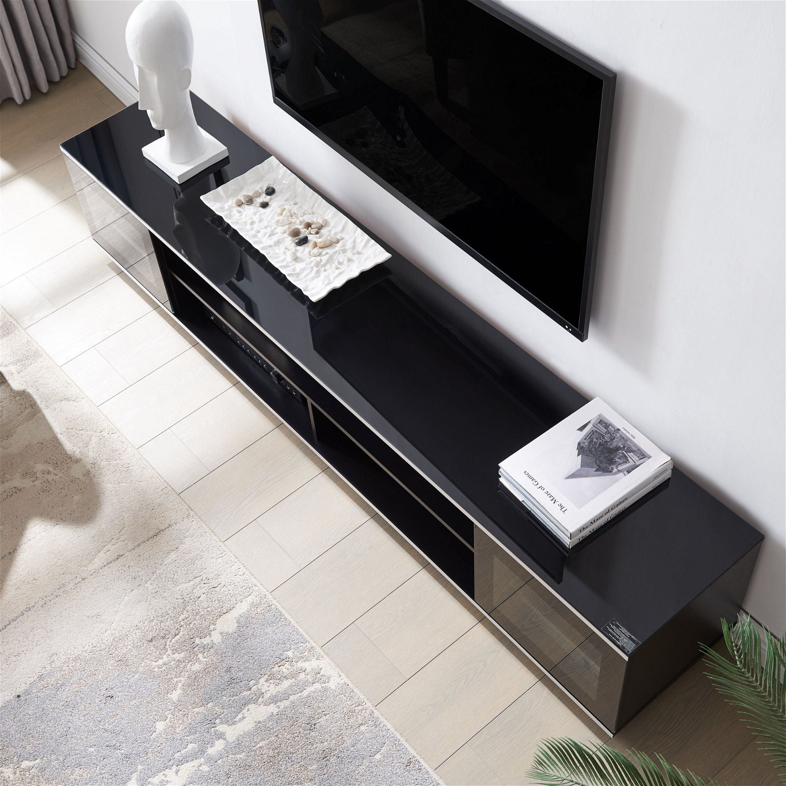 Tauris Diablo 210cm Black TV Stand with Tempered Glass - Modern Entertainment Center for Living Room, Home Theater & Gaming Setup