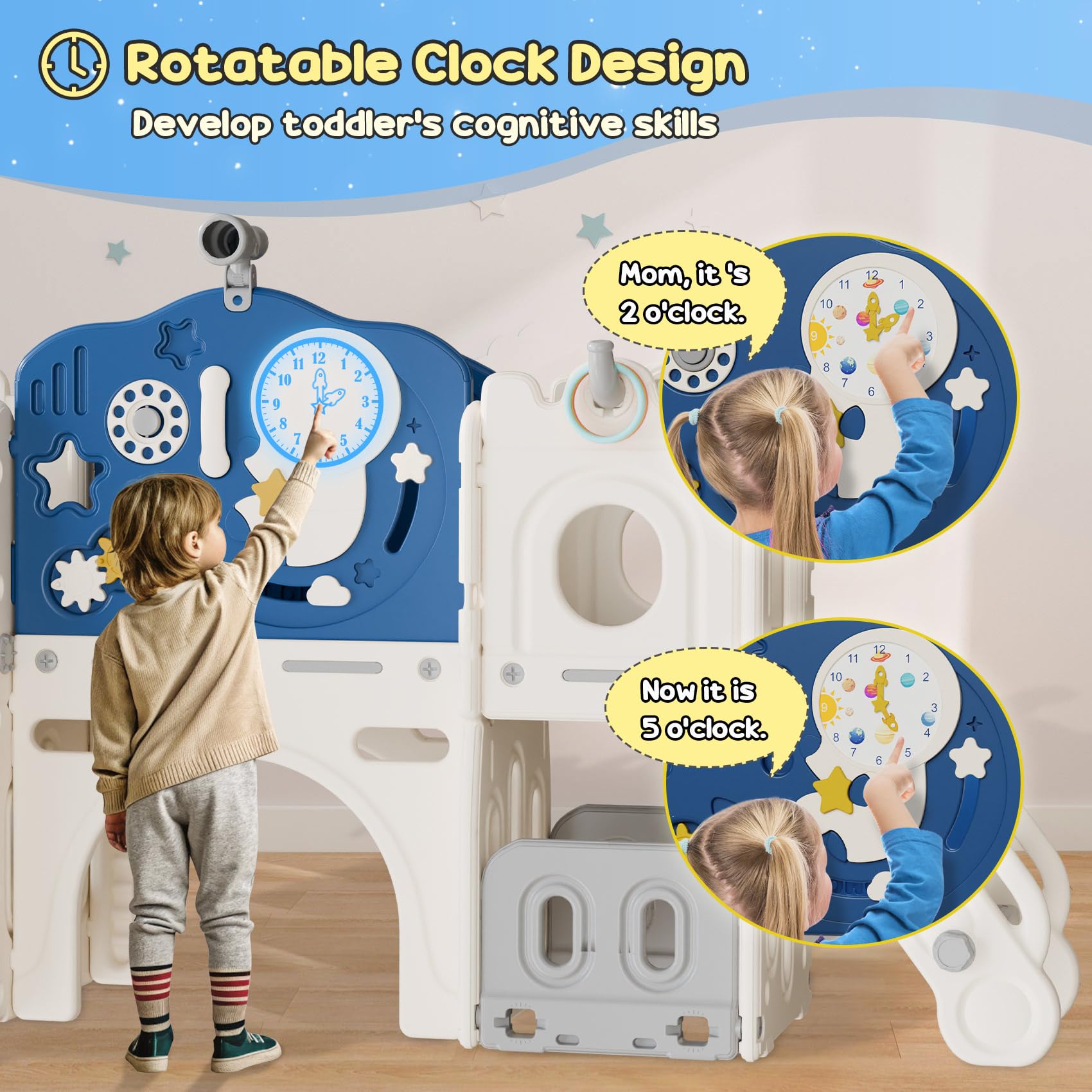 BIERUM 12-in-1 Astronaut Themed Toddler Slide Playset for Kids Ages 1-3 - Interactive Baby Slide with Basketball Hoop, Ring Toss & Space Decor (Blue-Gray) - Perfect for Indoor Playrooms, Backyards & Preschool Activities