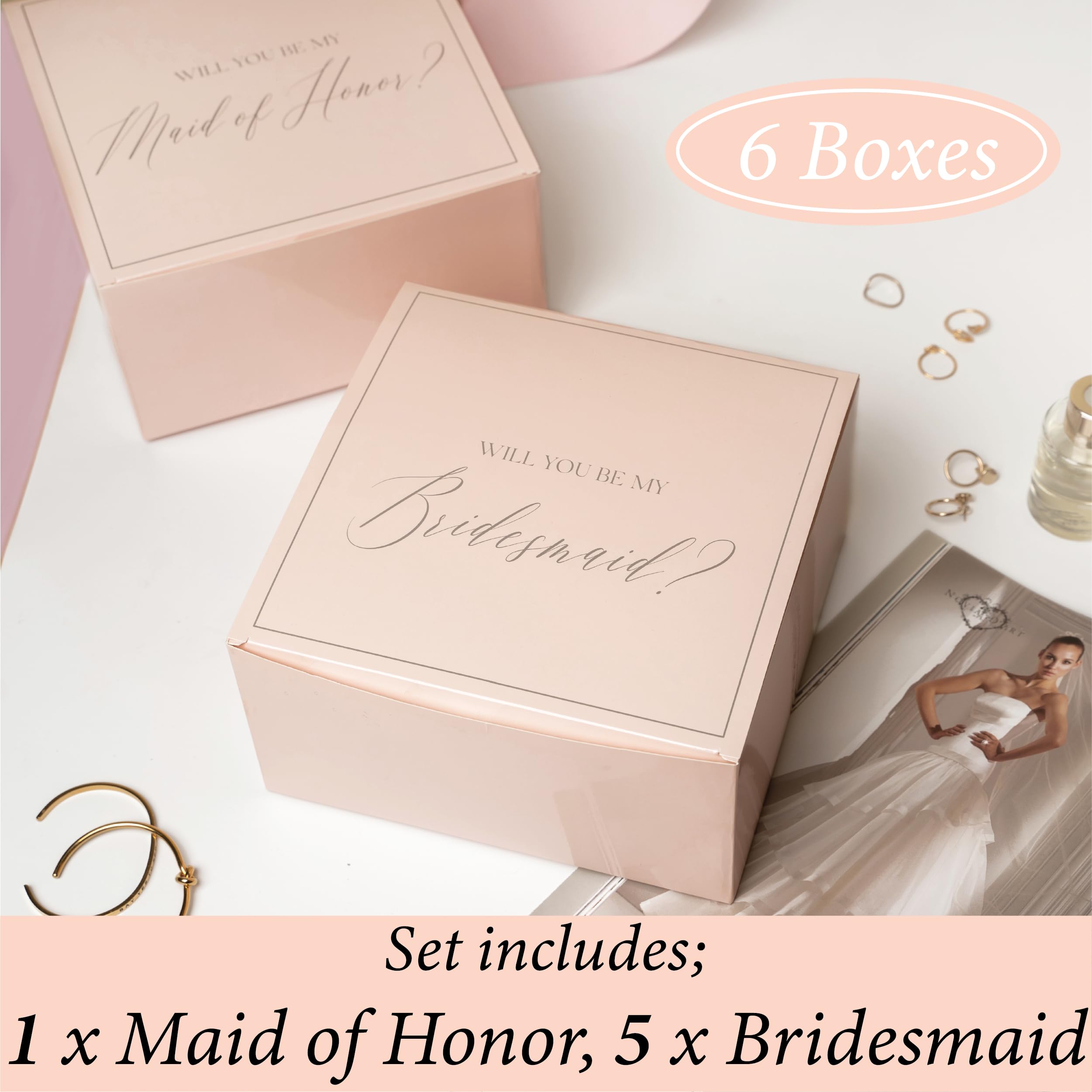 Will You Be My Bridesmaid Proposal Gift Box Set - 6 Piece Wedding Party Proposal Kit (5 Pink Bridesmaid Boxes + 1 Maid of Honor Box) - Perfect for Bridal Shower, Bachelorette Party & Wedding Proposal Gifts