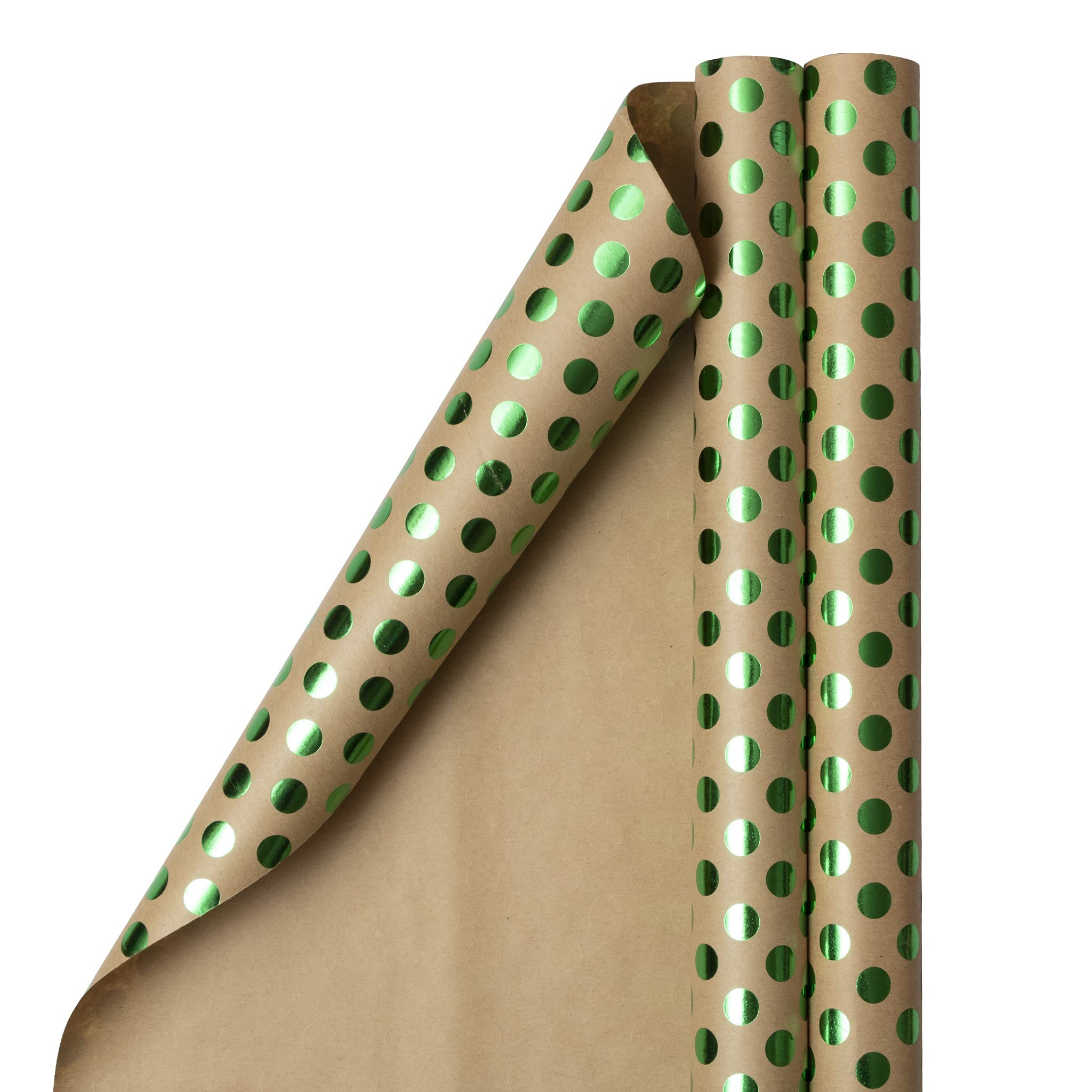 Eco-Friendly Kraft Wrapping Paper with Green Foil Polka Dots - 2 Rolls (50 Sq Ft Total) - Perfect for Gift Wrapping, Party Decorations & DIY Crafts - JAM Paper Gift Wrap