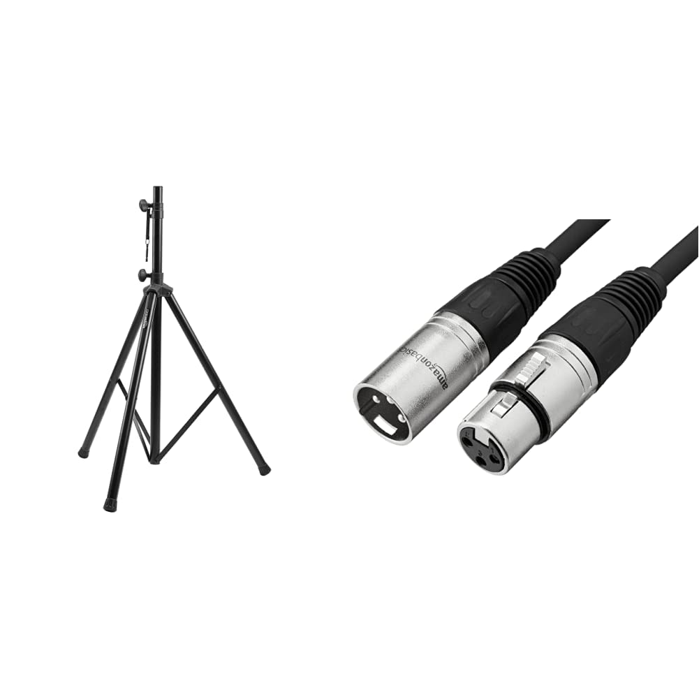 Amazon Basics Adjustable Speaker Stand 4.1-6.6 Feet Steel with XLR Male to Female Microphone Cable 25ft Black - Perfect for Home Studio, Live Performances & DJ Setups