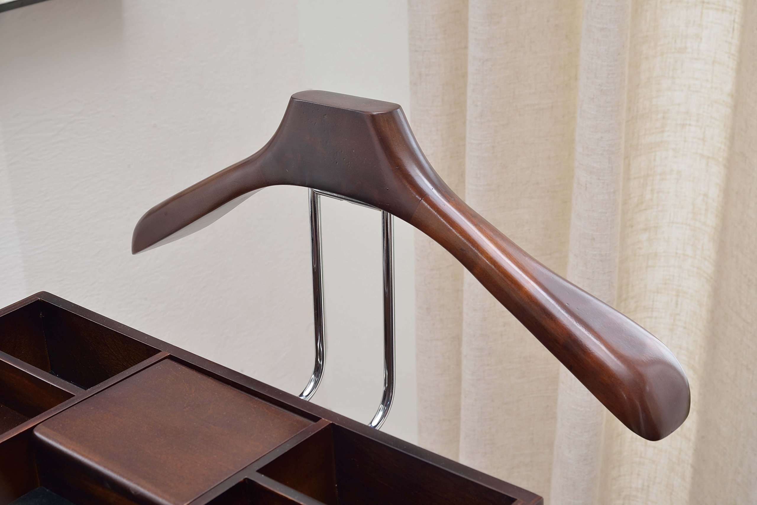 Proman Products Crescent Moon Valet Stand for Men - Wooden Valet Organizer with Drawer, Top Tray, Contour Hanger, Trouser Bar, Belt Hooks & Shoe Rack - Mahogany Finish - Perfect for Bedroom, Closet & Entryway Organization