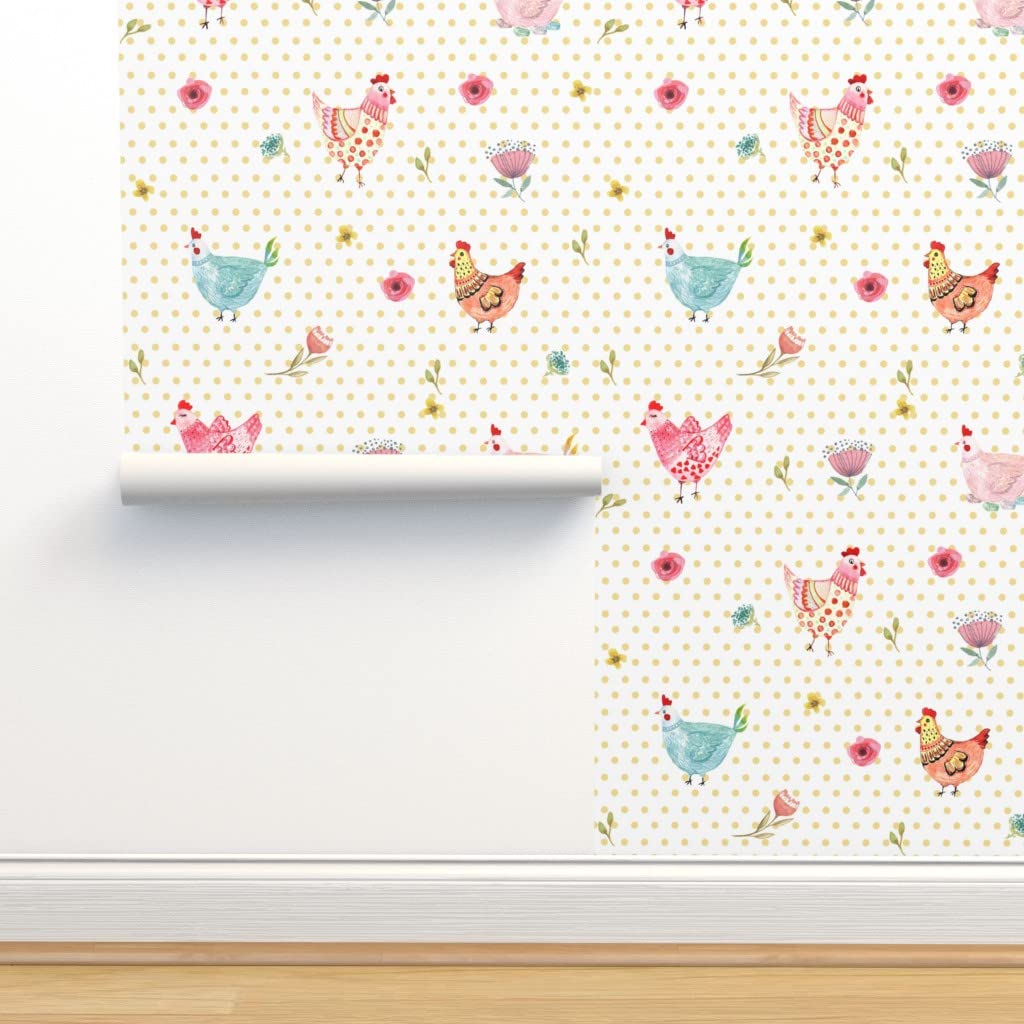 12ft x 2ft Removable Polka Dot Wallpaper - Yellow Chicken Farm Animal Print Peel & Stick Wallpaper for Girls Room Decor | Perfect for Nursery, Bedroom & DIY Home Projects