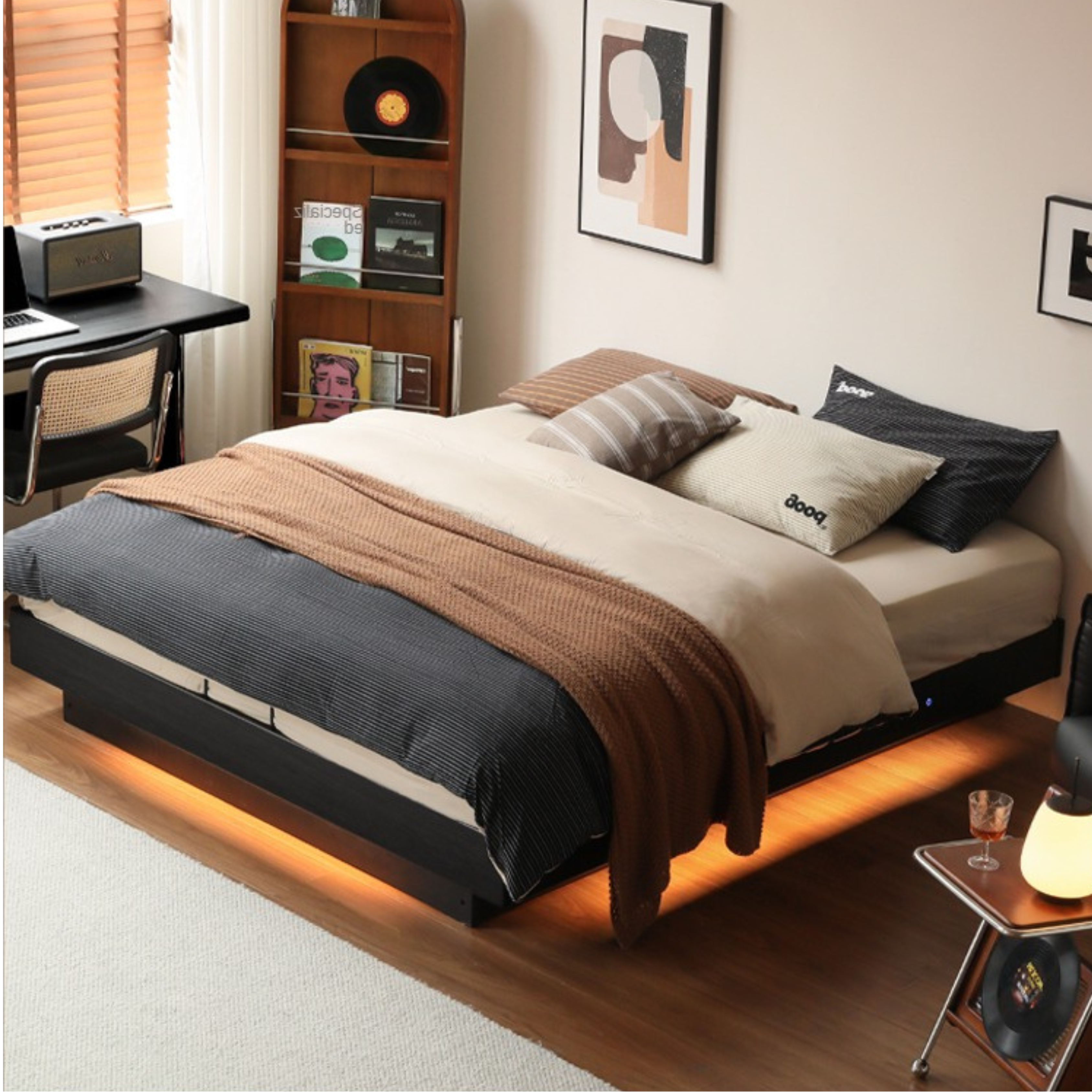 Solid Oak Wood Floating Box Platform Bed Frame - No Headboard Modern Minimalist Design for Bedroom, Guest Room, or Studio Apartment