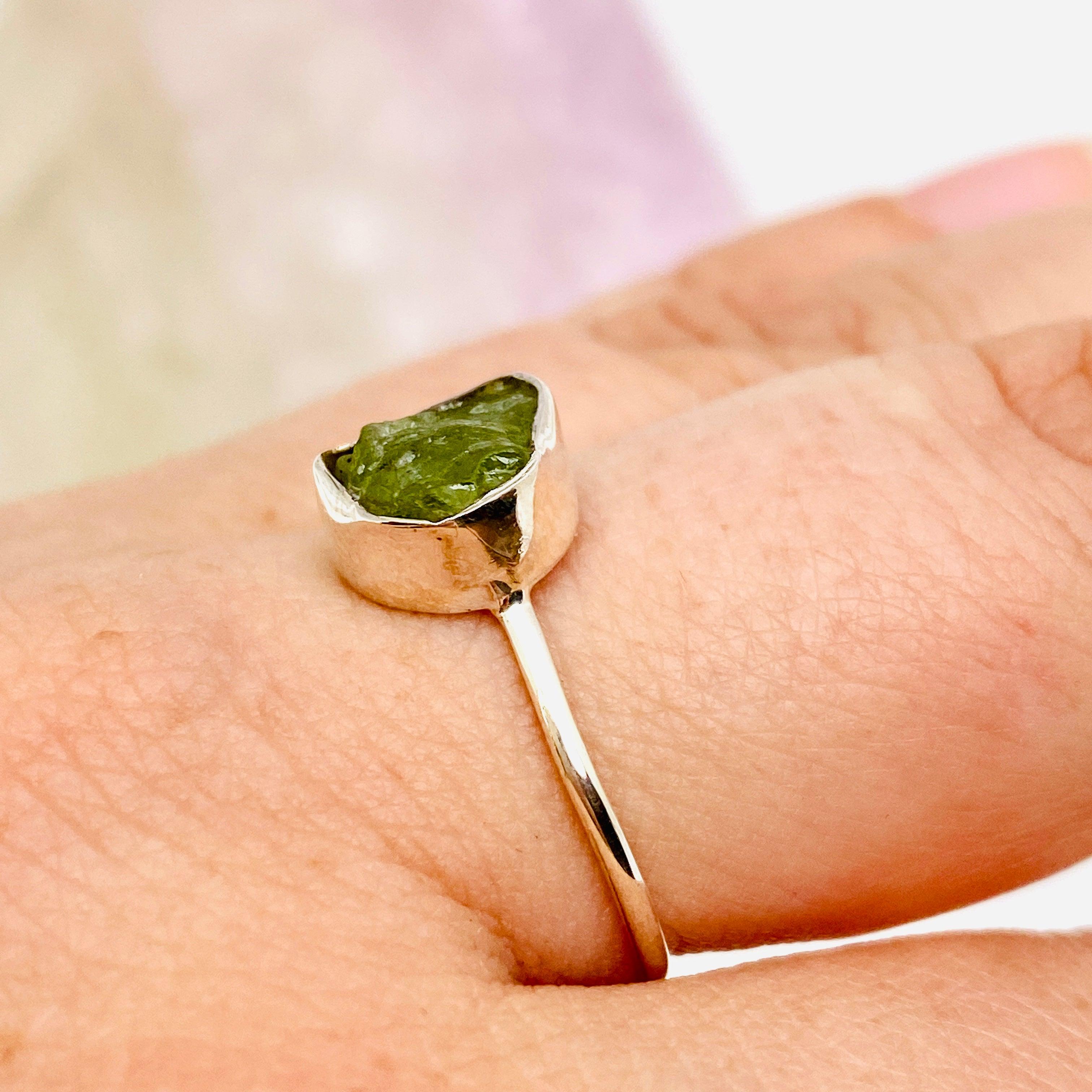 Peridot Raw Crystal Fine Band Ring R3701 PE - Natural Gemstone Jewelry for Women, Boho Chic Wedding & Everyday Wear