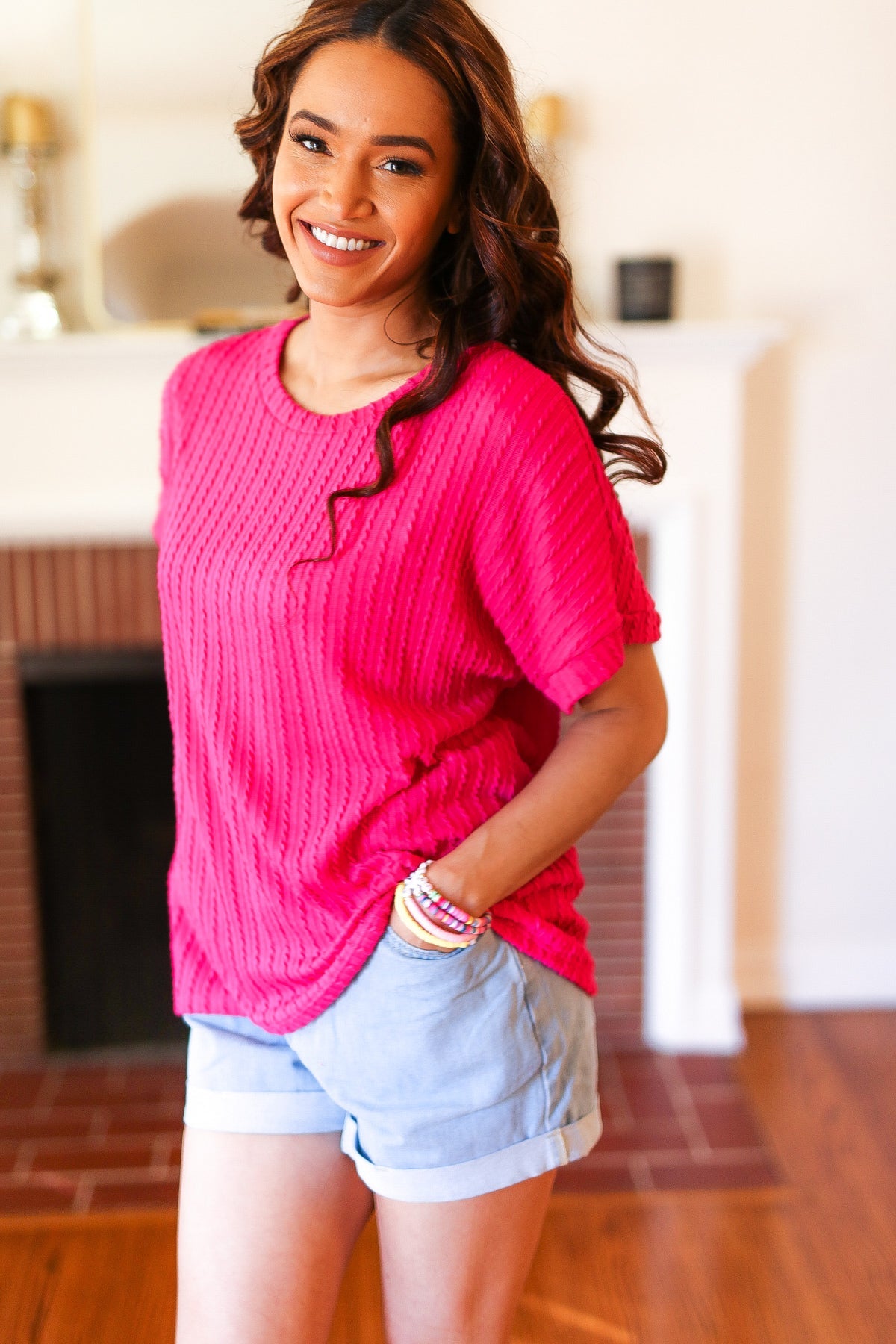Fuchsia Cable Knit Dolman Short Sleeve Sweater Top for Women - Soft Comfortable Pullover with Haptic Texture - Perfect for Casual Outings, Office Wear & Fall Layering