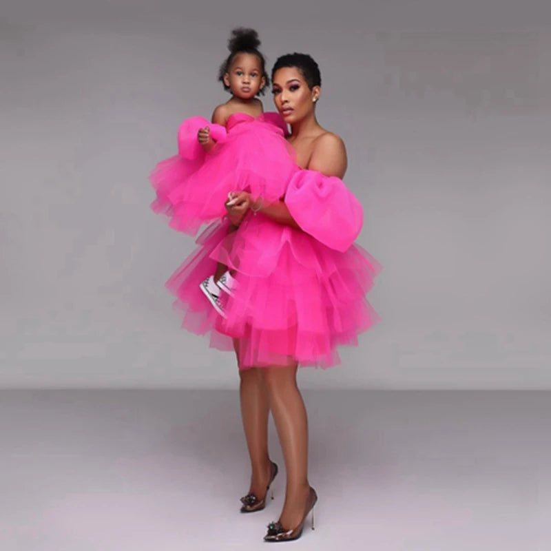 Newest Rose Pink Mother Daughter Matching Tulle Dresses - Fluffy Mesh Photo Shoot & Party Gowns with Puff Sleeves | Perfect for Family Photoshoots, Birthday Parties, and Special Occasions