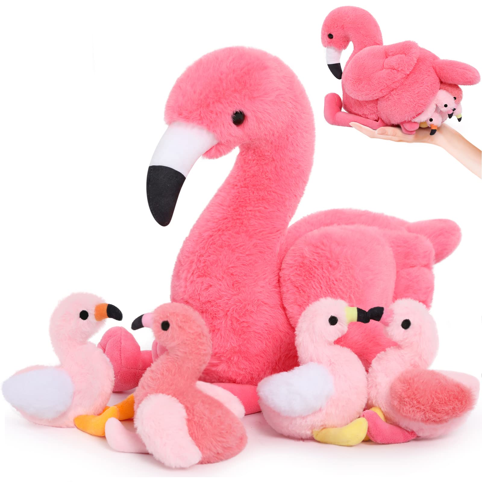 MorisMos 18 Inch Pink Flamingo Stuffed Animal with 4 Baby Bird Plush Toys Inside Zipper Tummy - Soft Plushie Gift Set for Girls, Women, Home Decor, Birthday, Christmas & Valentine's Day - Perfect for Nursery Decor, Cuddling & Gift Giving