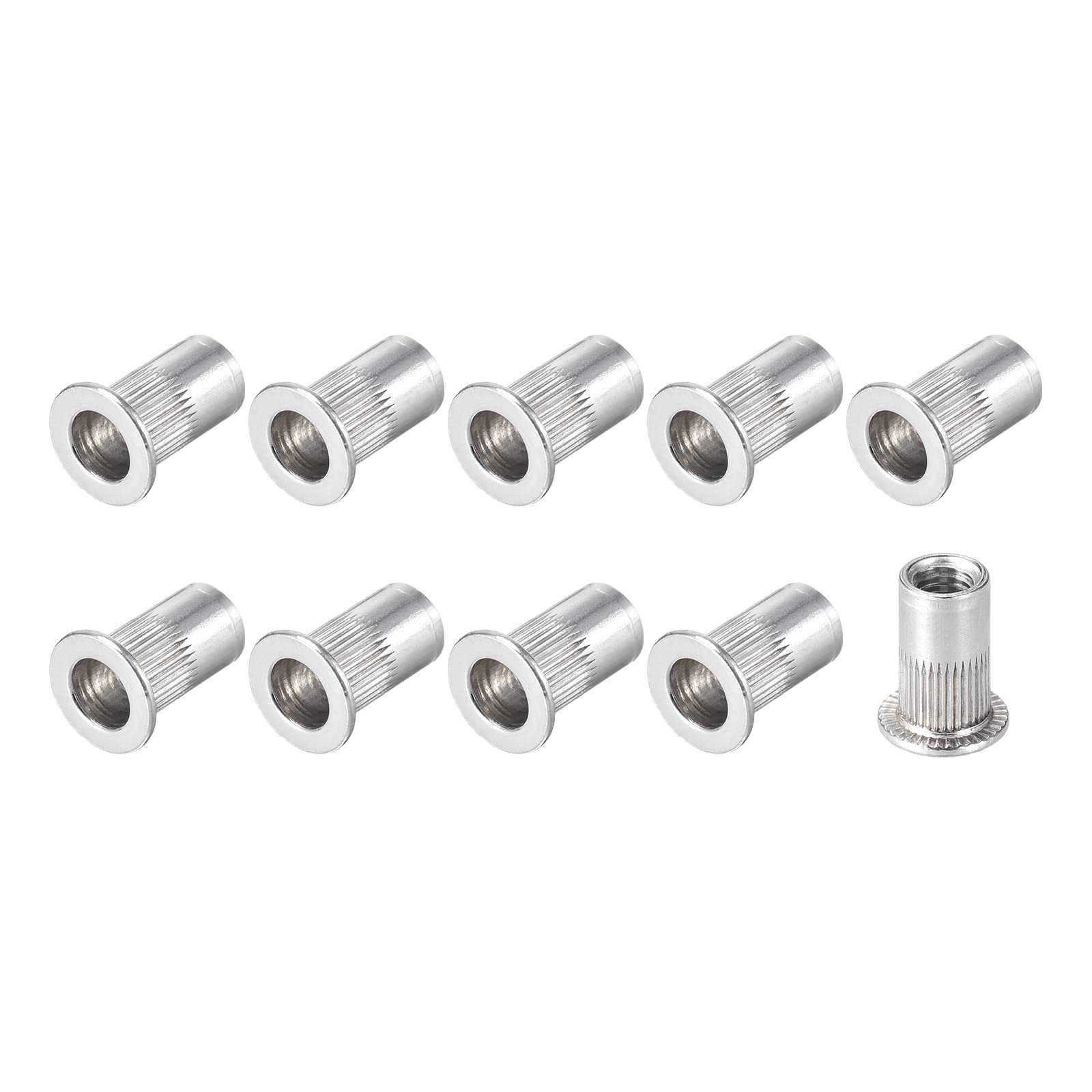 METALLIXITY #10-32 Rivet Nuts 25Pcs - Aluminum Alloy Flat Head Knurled Threaded Insert Nuts (Silver) for Metal Fabrication, Automotive & DIY Projects