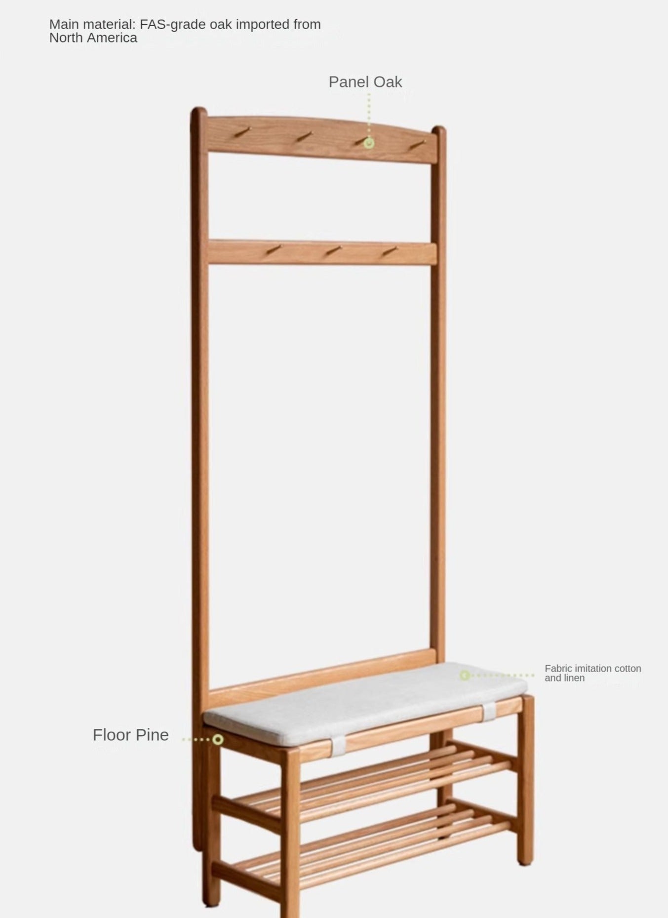 Solid Oak Wood Shoe Bench with Hooks - Entryway Organizer & Shoe Storage Stool for Hallway, Bedroom, or Mudroom