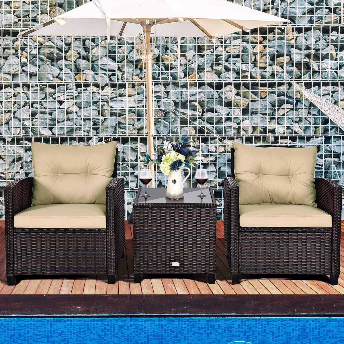 KOTEK 3-Piece Outdoor Patio Furniture Set with Washable Cushions & Tempered Glass Tabletop - PE Rattan Wicker Bistro Set for Porch, Garden, Balcony, Backyard (Beige) | Perfect for Relaxing, Entertaining & Outdoor Dining