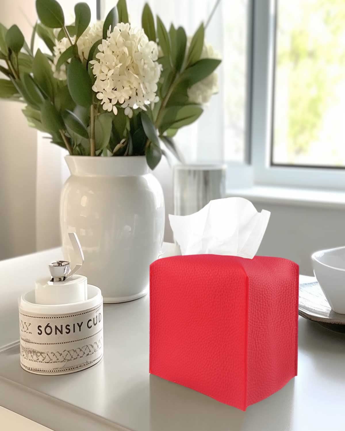JESMINI Modern PU Leather Red Tissue Box Cover – Square Design with Bottom Belt, 5x5x5 Inches – Decorative Tissue Holder for Bathroom Vanity, Nightstand, Office Desk & Home Décor – Perfect for Living Room, Bedroom, or Office Organization