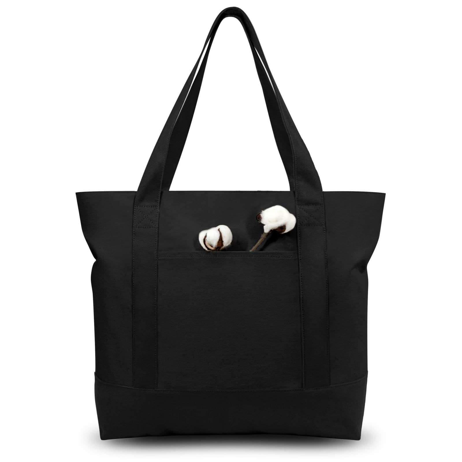 TOPDesign 30-Pack Canvas Tote Bags with Zipper Closure & External Pocket - Reusable Grocery Shopping Bags for Daily Essentials (Black) - Perfect for Shopping, Travel, Work & School