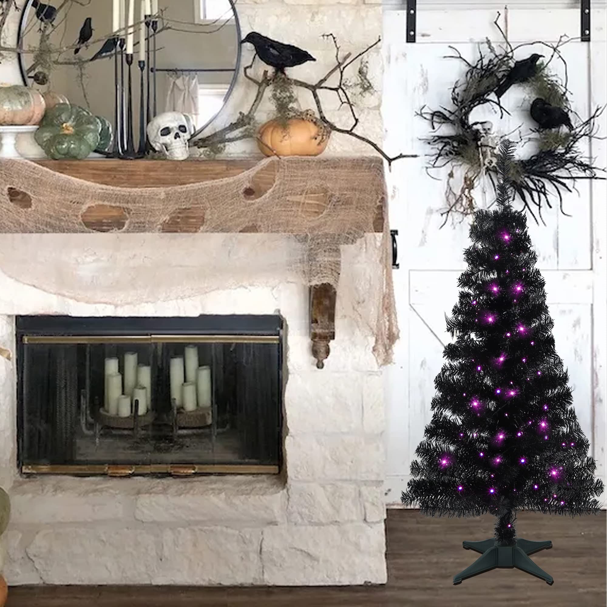 Juegoal 4FT Black Tinsel Artificial Christmas Tree with 70 LED Purple Lights - 8 Lighting Modes & Timer - Halloween Holiday Decor for Home, Party, Office, and Indoor Decorations
