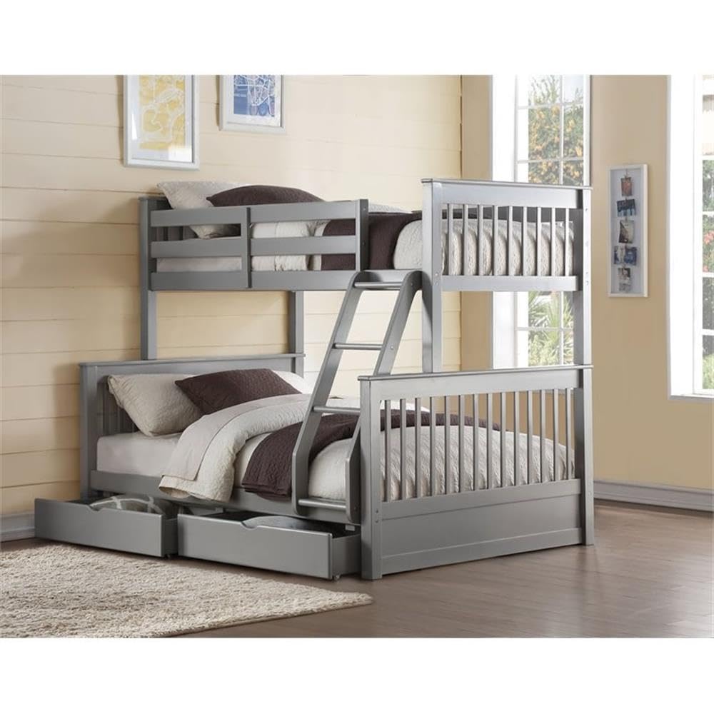 BOWERY HILL Modern Twin Over Full Convertible Bunk Bed with 2 Drawers in Gray - Space Saving Kids Bedroom Furniture for Small Rooms & Sleepovers