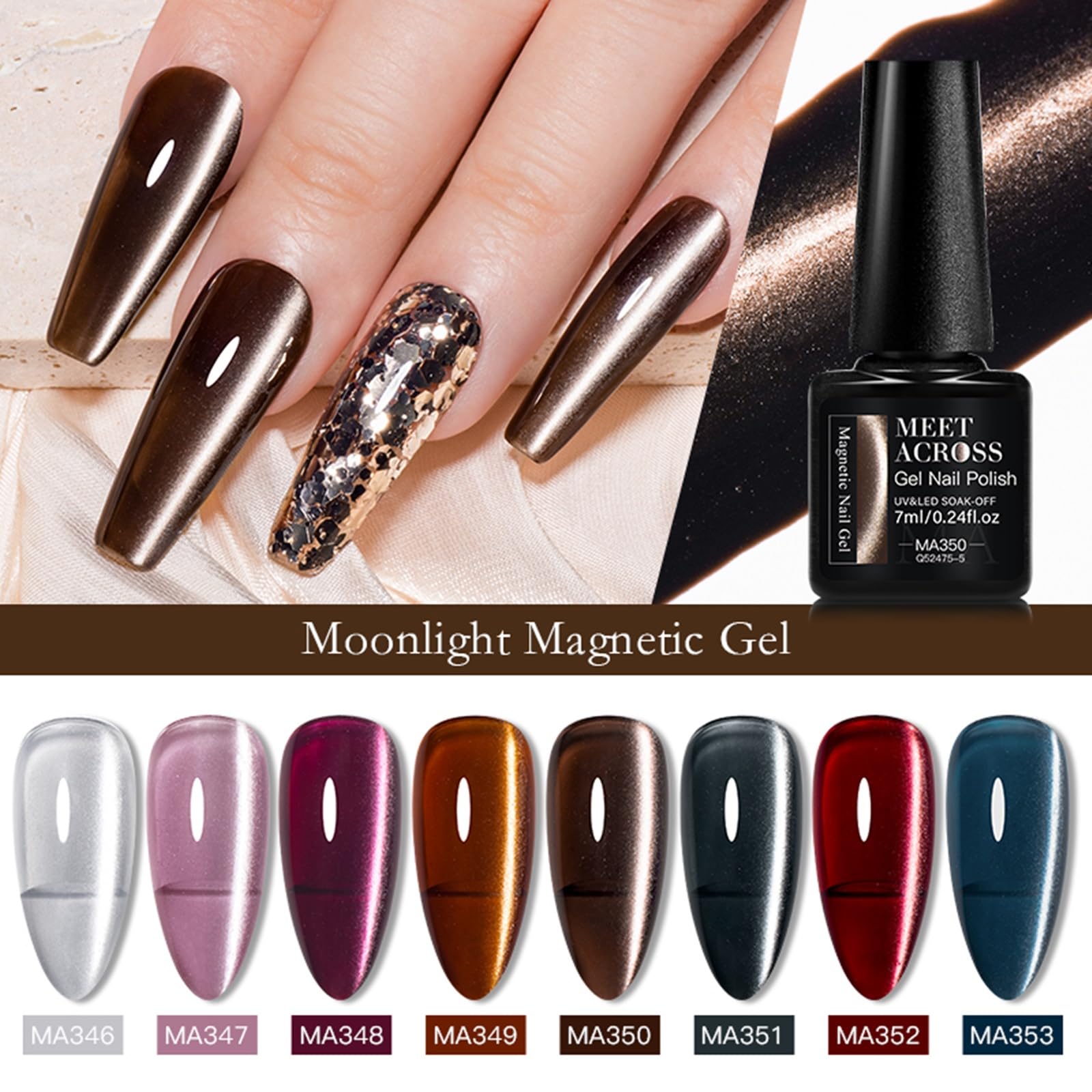 MEET ACROSS 12-Piece Cat Eye Gel Nail Polish Set - Fall Winter Retro Magnetic Nail Polish Kit in Pink, Brown, Blue, Gray & Green with Base & Top Coat - Soak Off UV Gel for Salon & Home Manicure - Perfect Gift for Nail Art Lovers