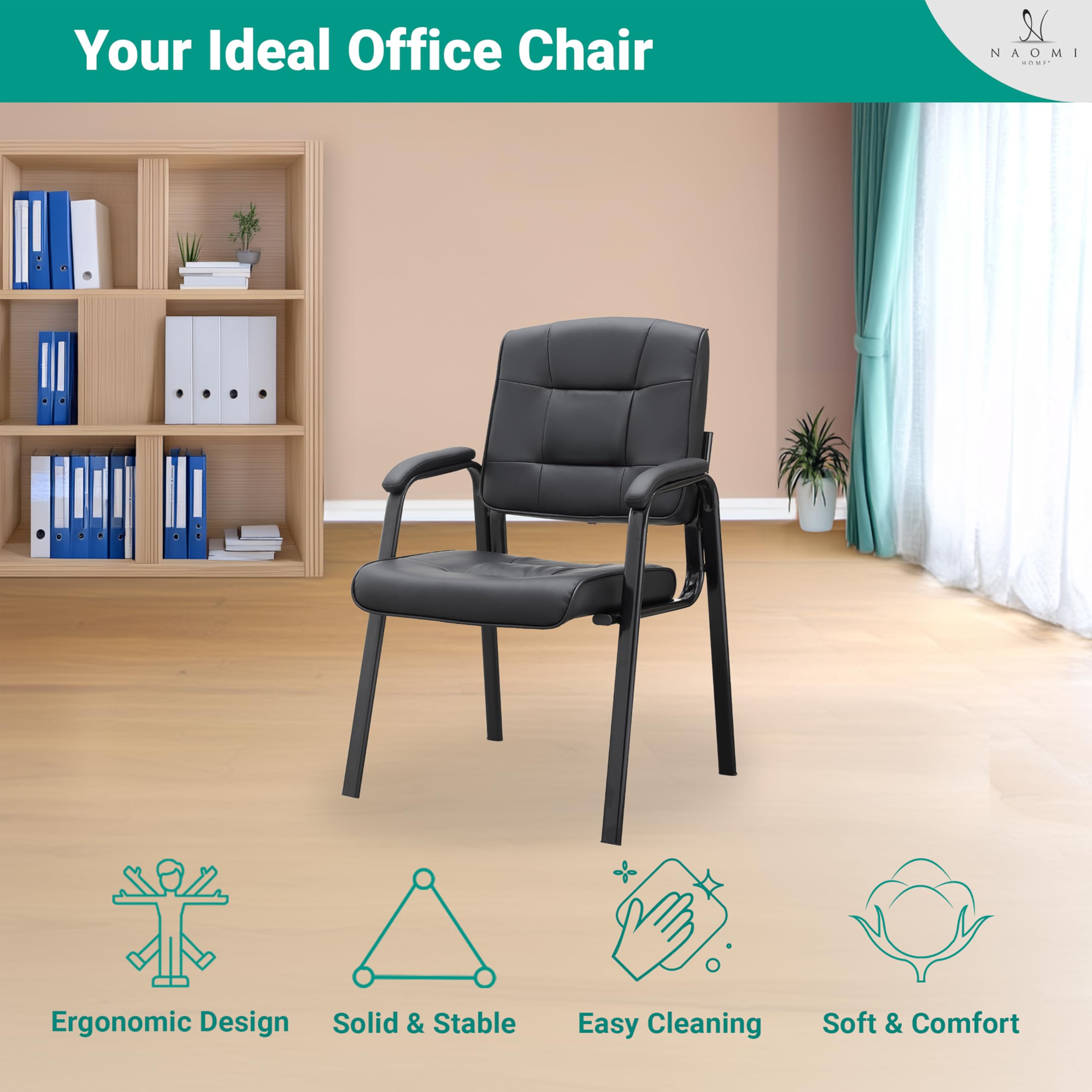 Naomi Home 2-Piece Heavy Duty Leather Executive Waiting Room Chairs Set - Black - Padded Armrest Lobby Reception Chairs for Office, Clinic, Hotel, and Conference Room Guest Seating