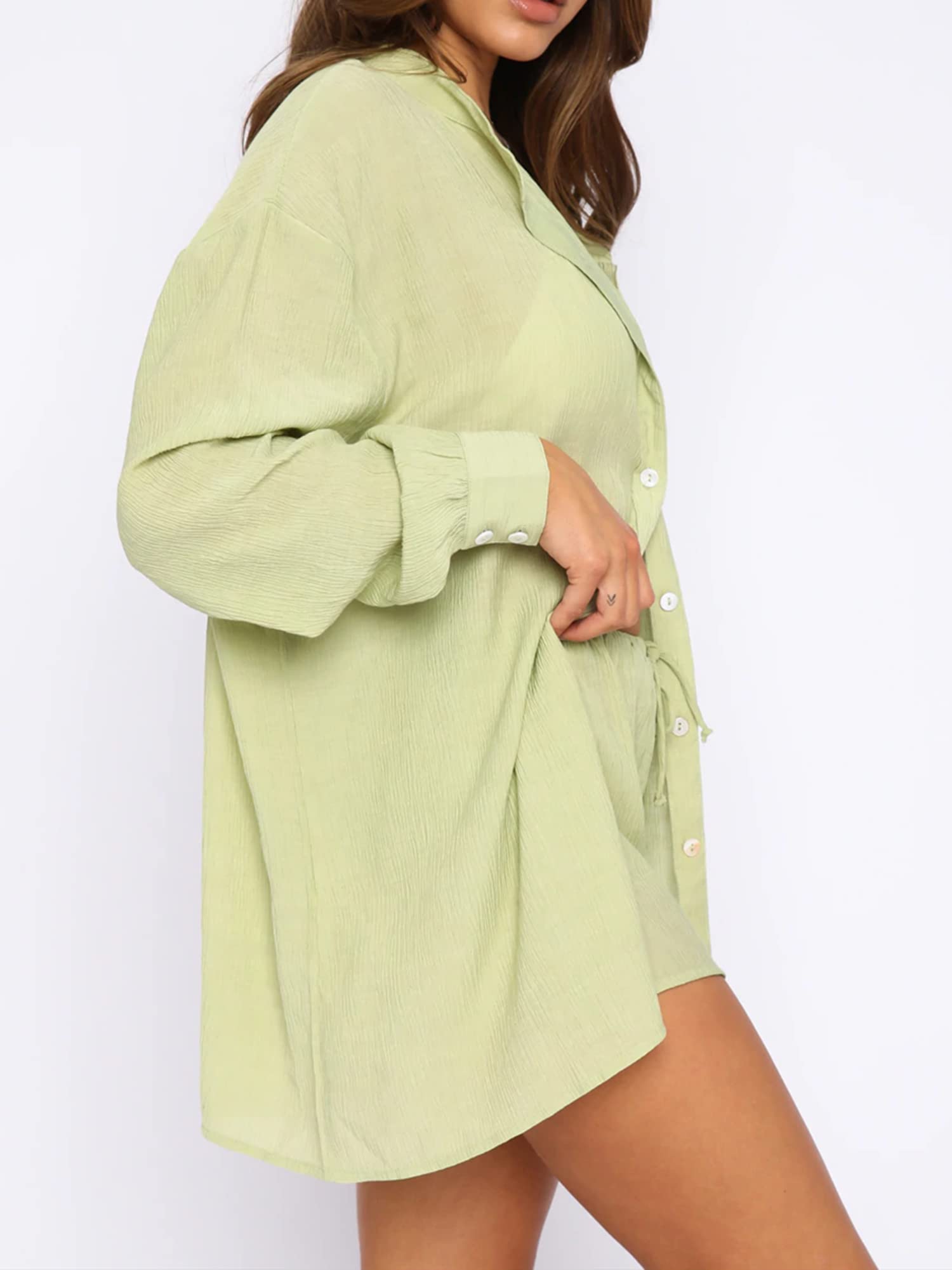 Winioder Women's Summer 2 Piece Outfits - Long Sleeve Button Down Shirt & High Waist Loose Shorts Set | Casual Beachwear, Vacation Outfit, Street Style Fashion