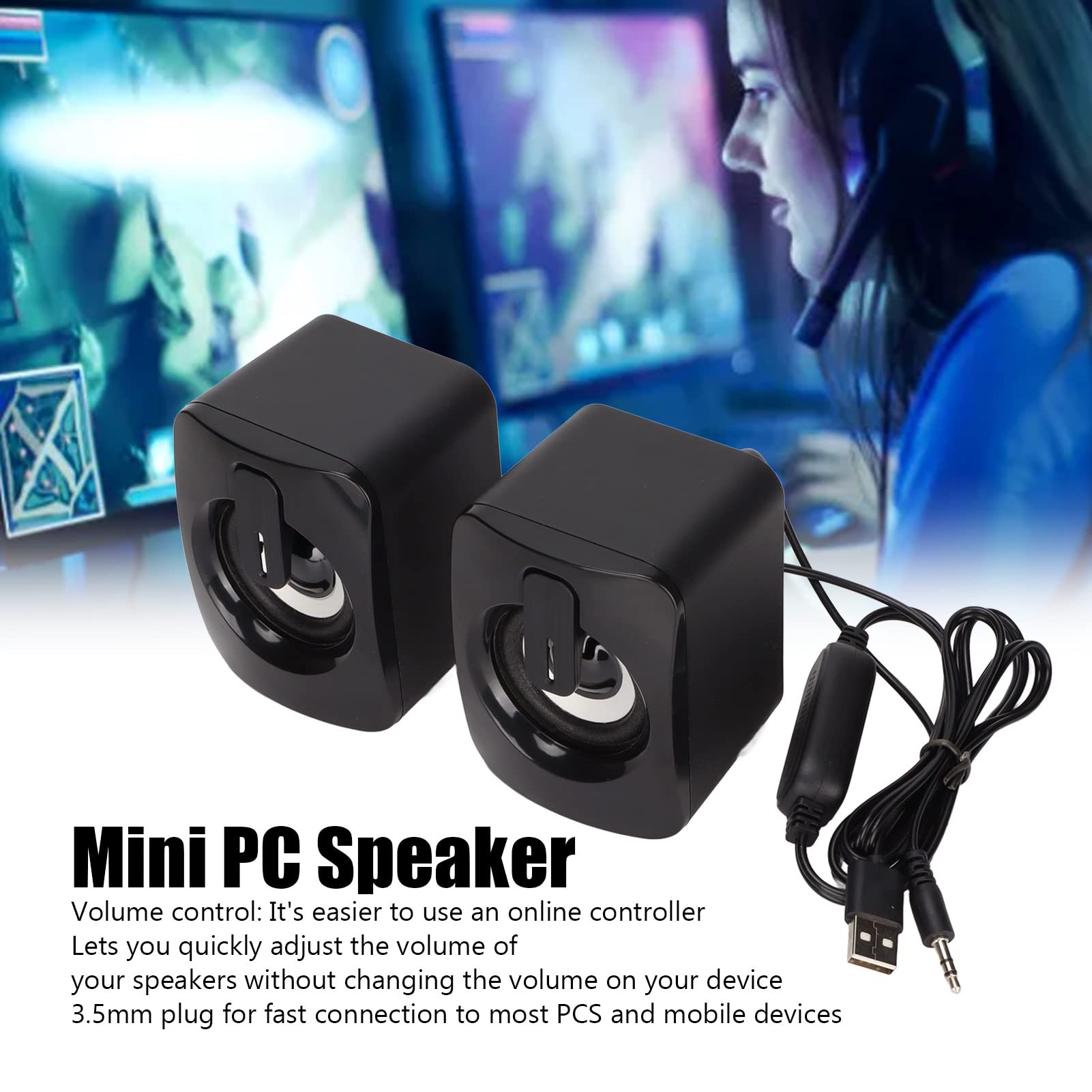 Mini USB Powered Stereo Computer Speakers - Low Distortion Wired Desktop PC Laptop Gaming Speakers for Home Office & Gaming Setup